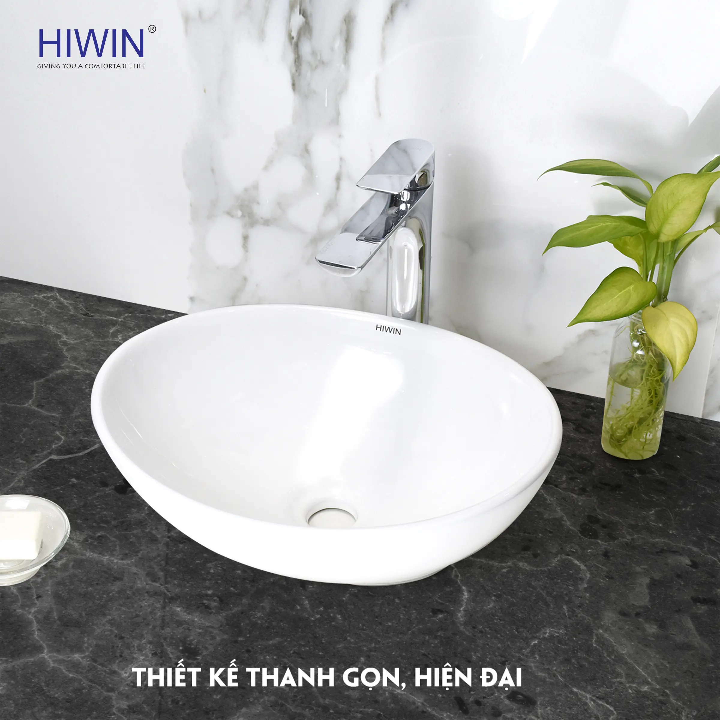 Chậu Lavabo đặt bàn cao cấp Hiwin LP-8020 không bắn nước