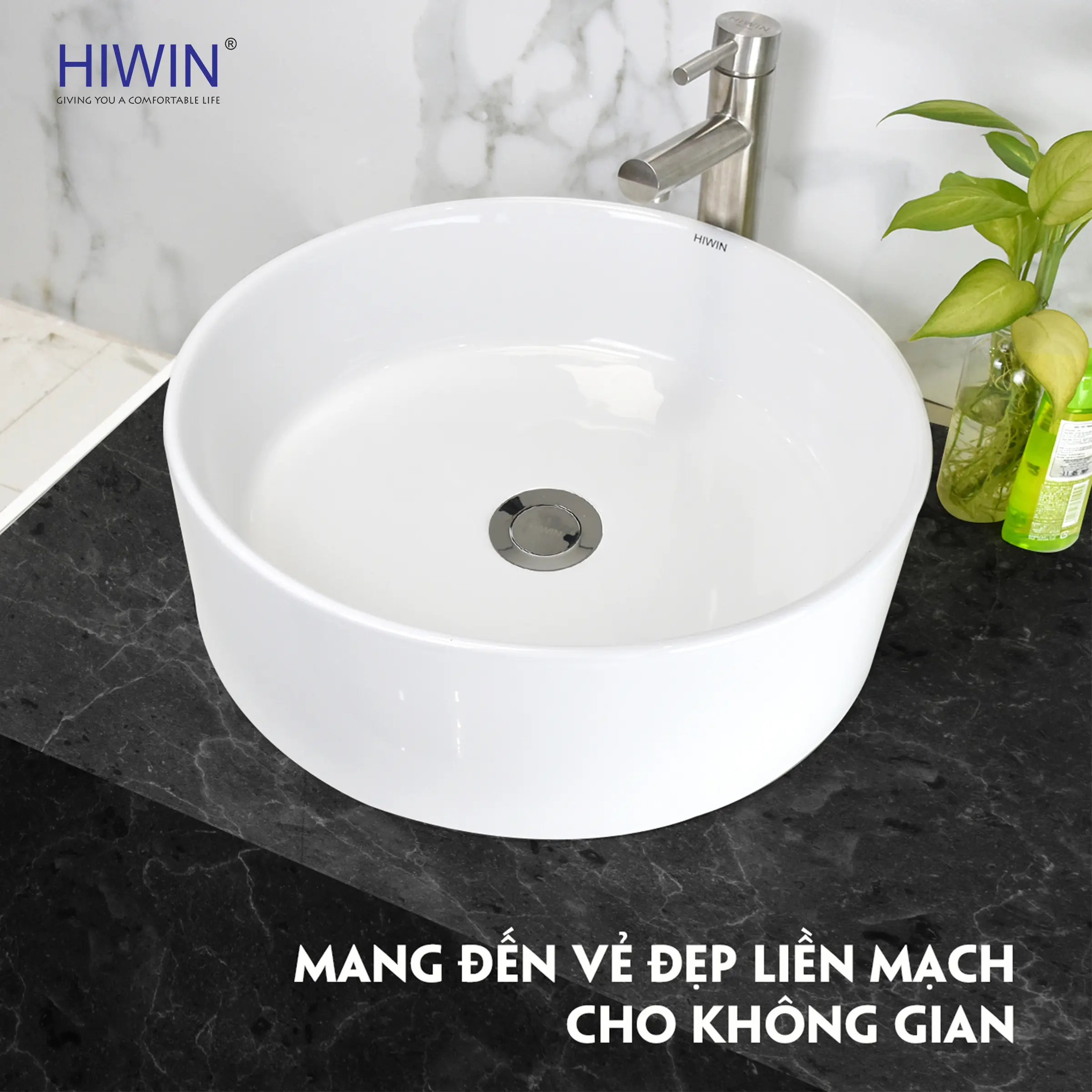 Lavabo đặt bàn cao cấp HIWIN LP-8017 màu trắng sứ