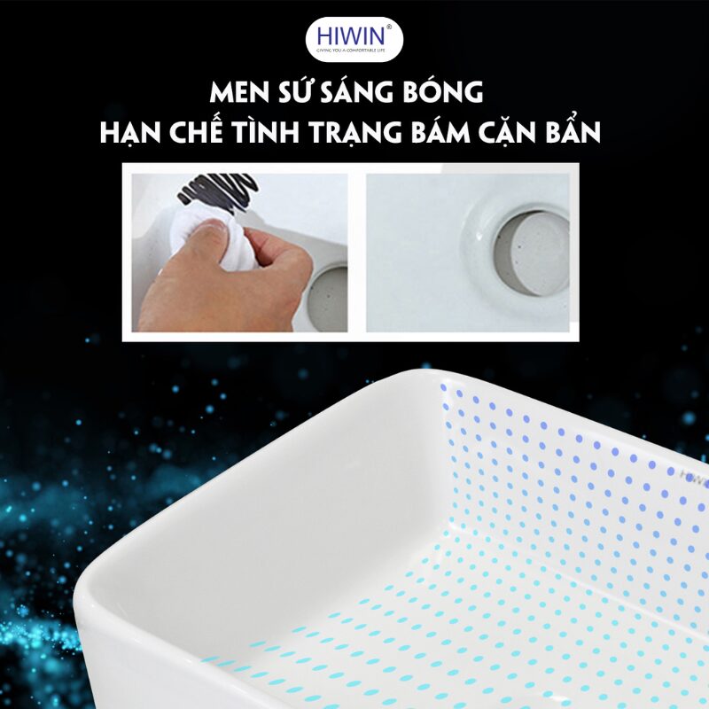 Sản xuất từ sứ cao cấp, chậu HIWIN LP-8032 có độ bền cao, chống ố vàng và luôn giữ được màu trắng tinh khôi