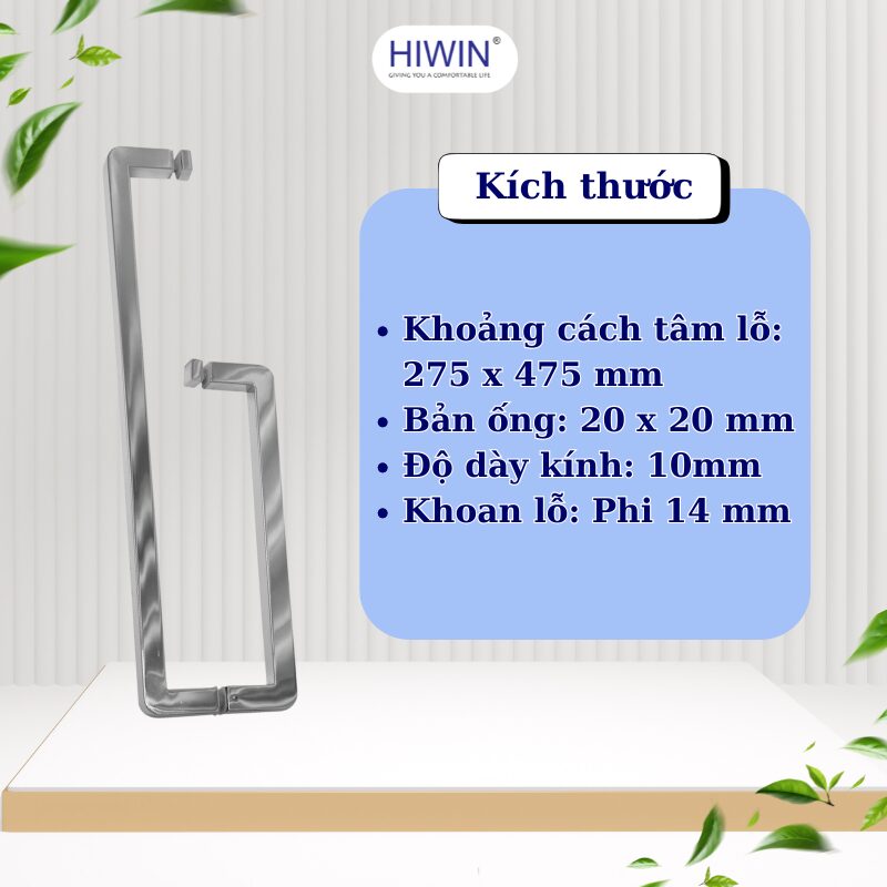 Khoảng cách tâm lỗ 275×475mm, bản ống 20×20mm, phù hợp kính cường lực 10mm