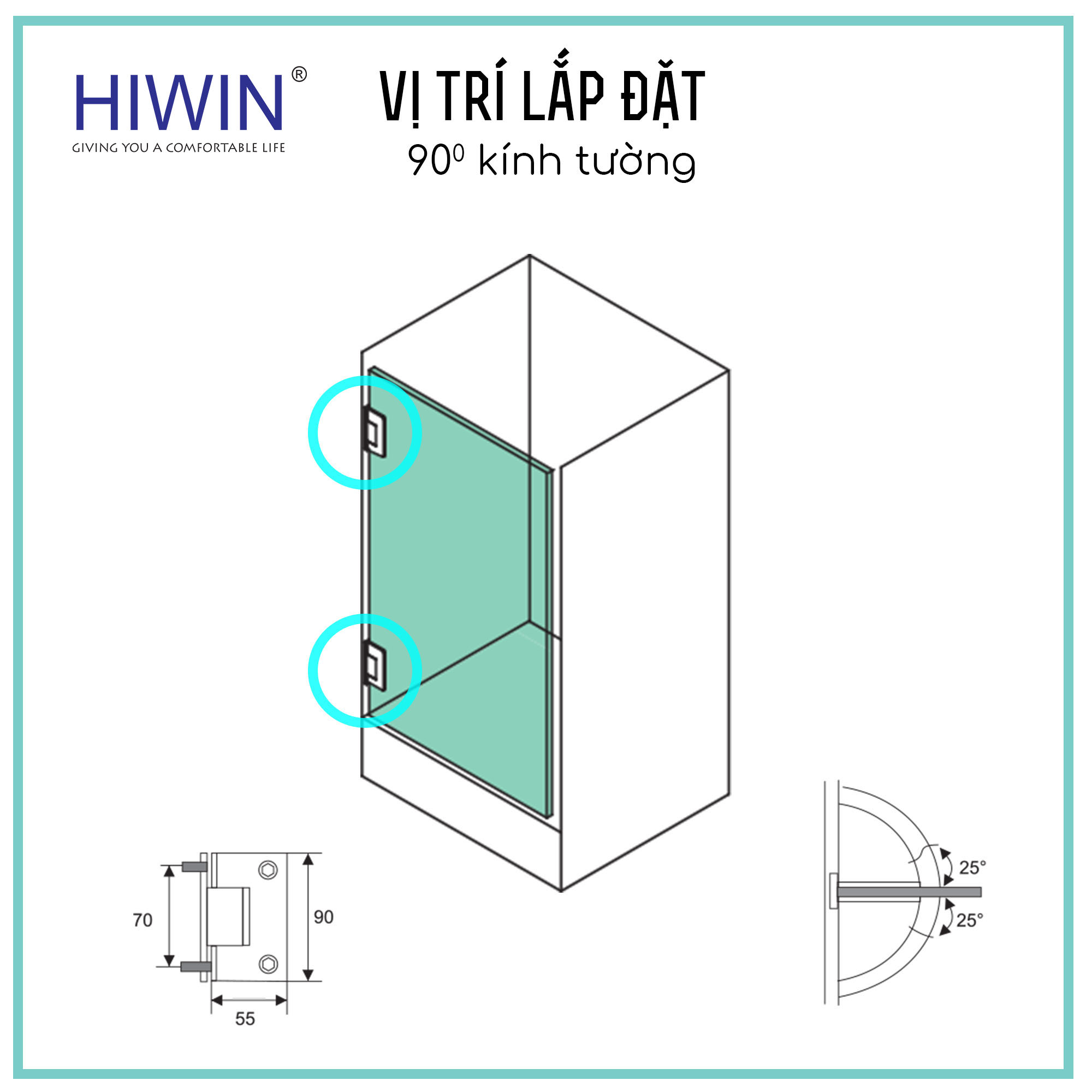 Vị trí lắp đặt bản lề 90 độ kính tường