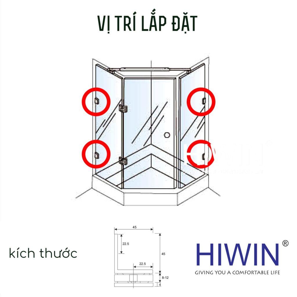 Vị trí lắp đặt kẹp định vị 90 độ kính tường FC-2082