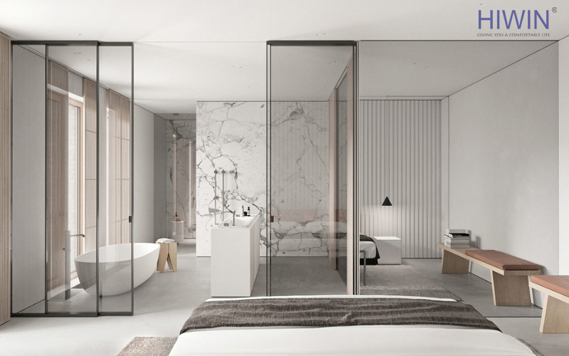sự kết hợp giữa nội thất và phòng tắm kính trong phòng ngủ