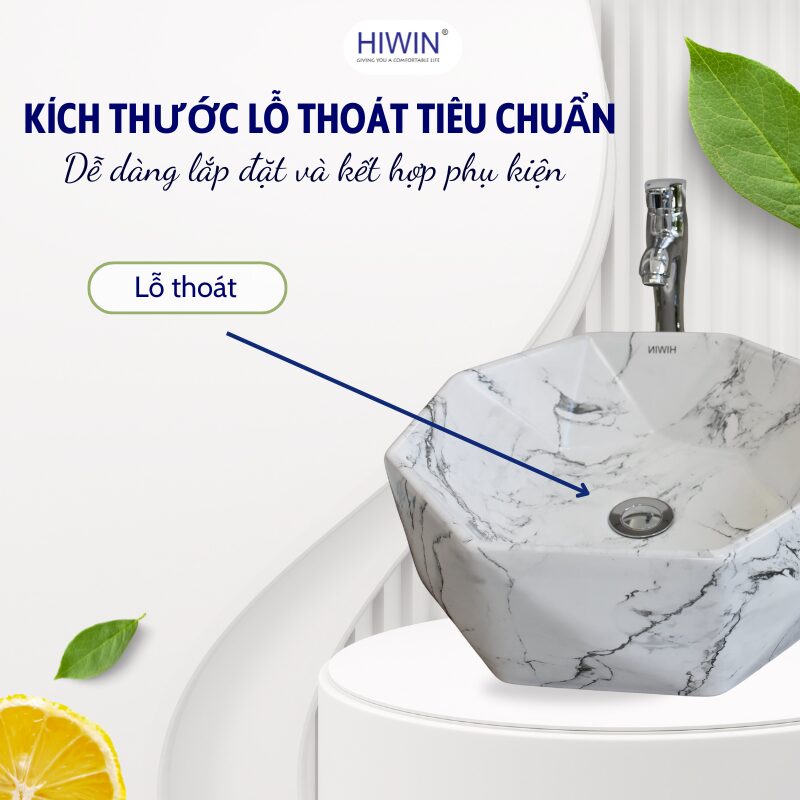 Thiết kế lỗ thoát nước tiêu chuẩn, tương thích với hầu hết phụ kiện lavabo