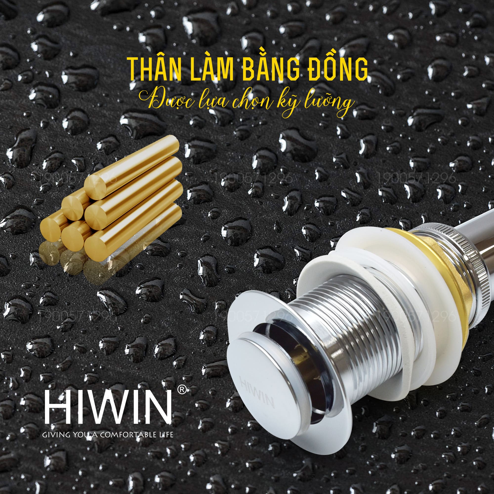 Bộ xả lavabo nắp nhấn không lỗ chống tràn Hiwin PG-1204 làm từ chất liệu đồng cao cấp