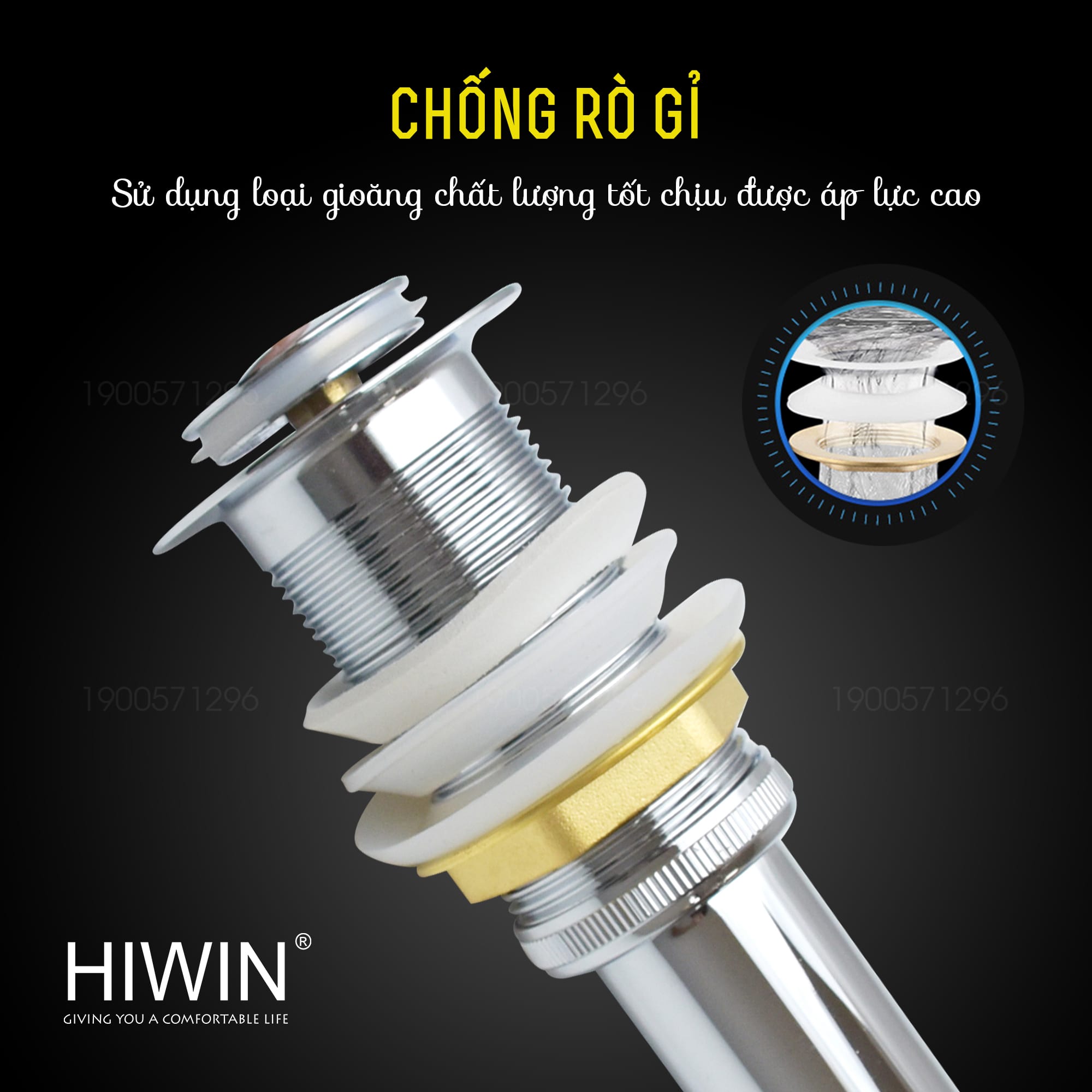 Bộ xả lavabo nắp nhấn Hiwin PG-1204 được thiết kế chống gỉ chịu áp lực cao