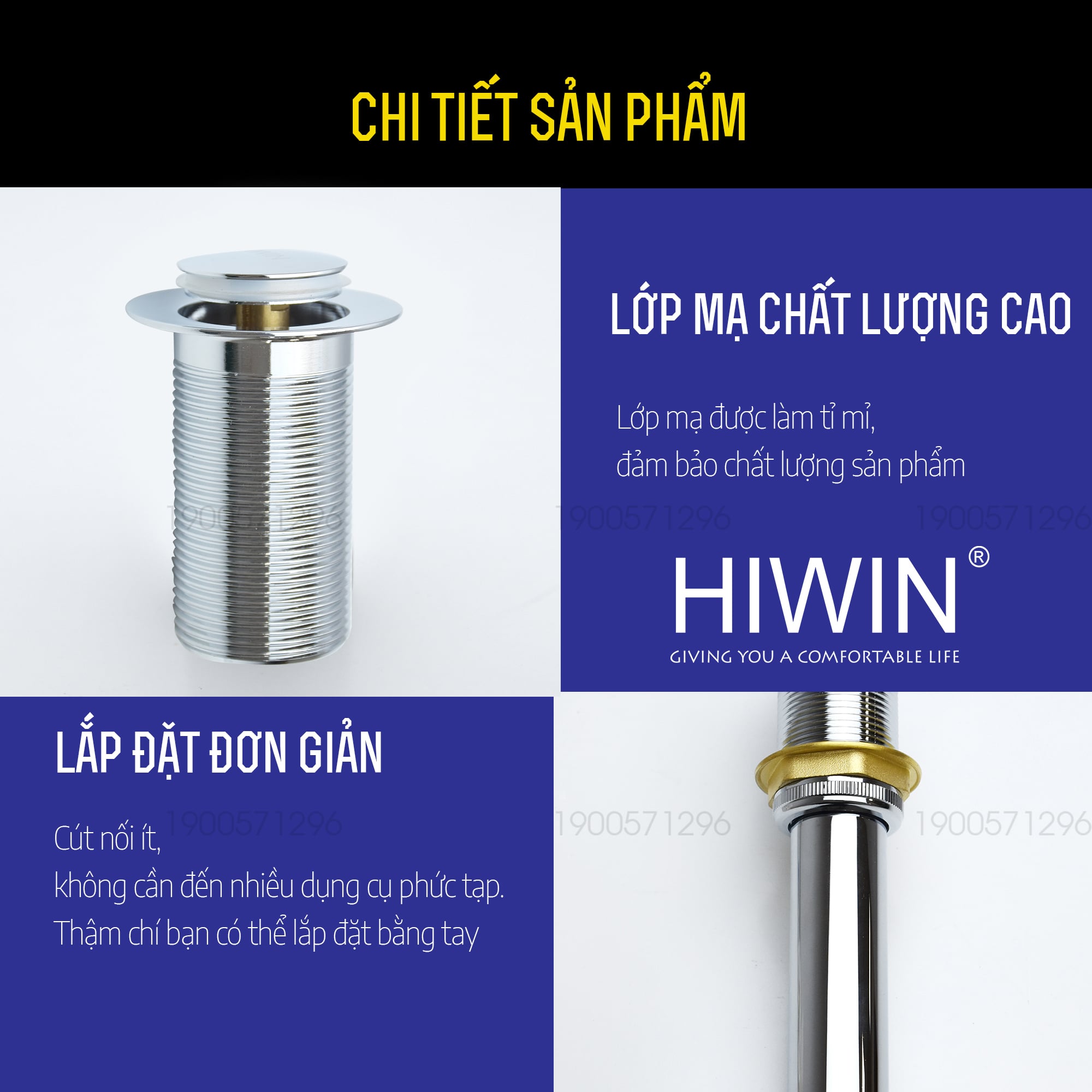 Bộ xả lavabo nắp nhấn không lỗ chống tràn Hiwin PG-1204