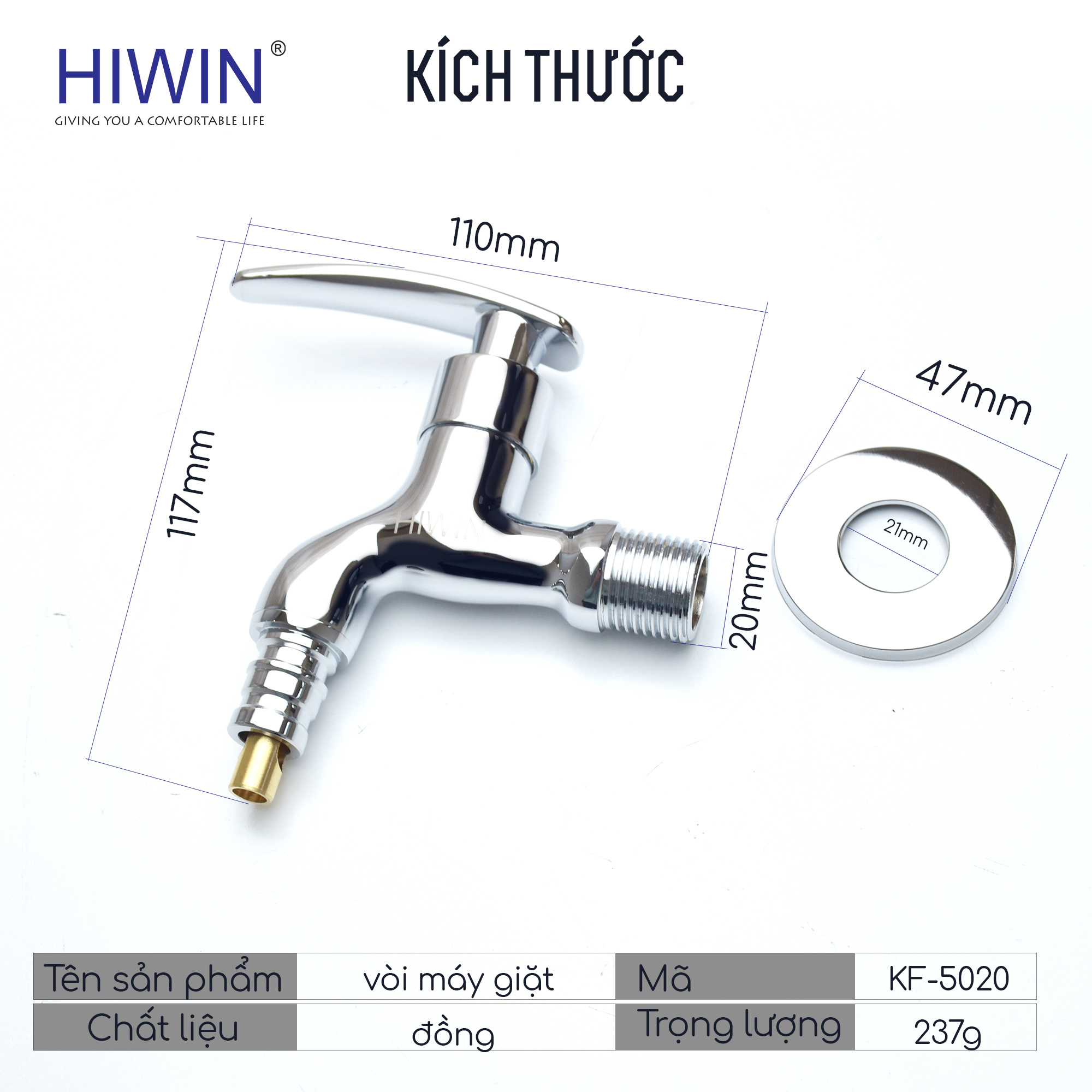 Kích thước của vòi máy giặt tự ngắt thông minh Hiwin KF-5020