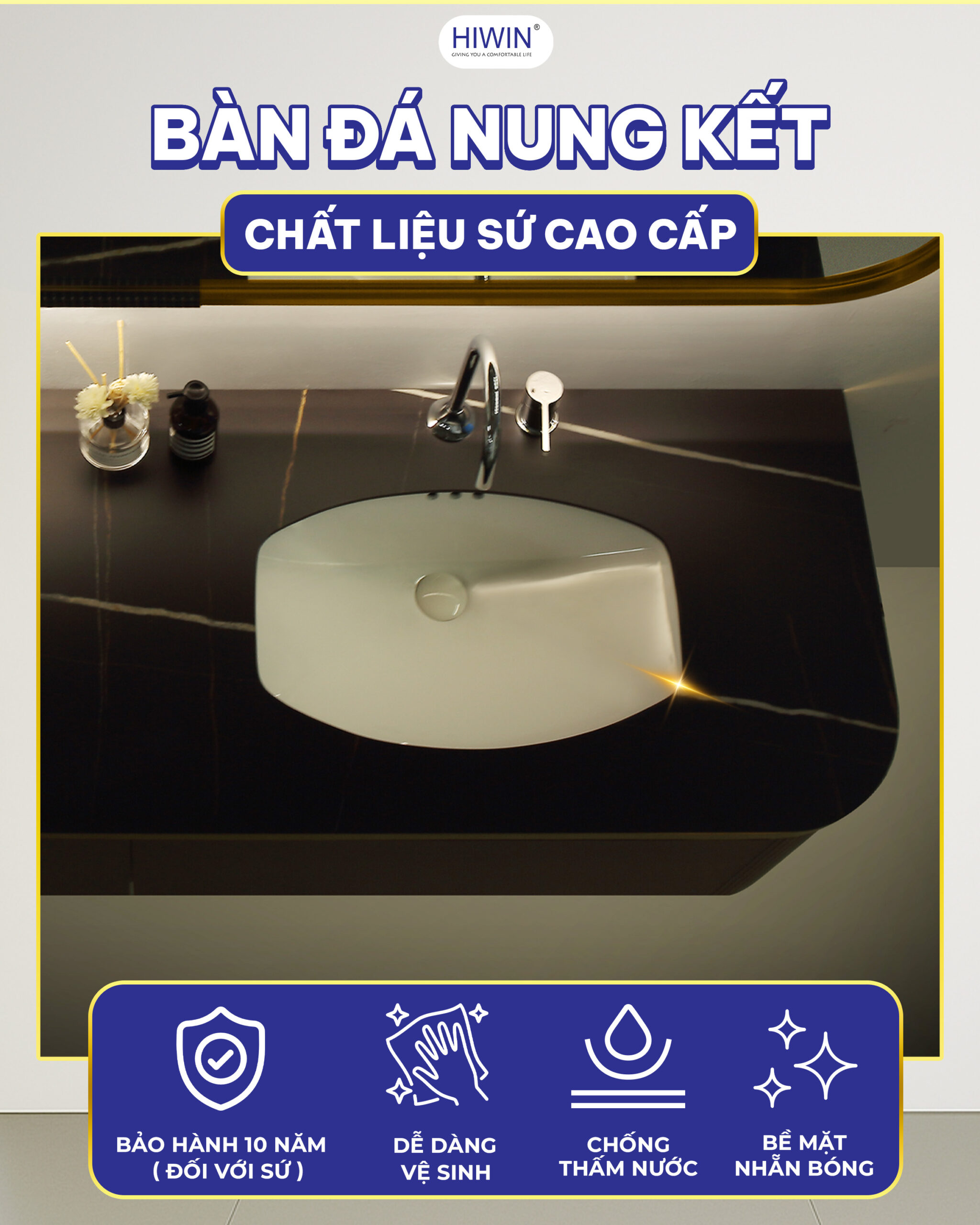 Bàn đá nung kết màu đen kết hợp với chậu lavabo sứ hoàn hảo
