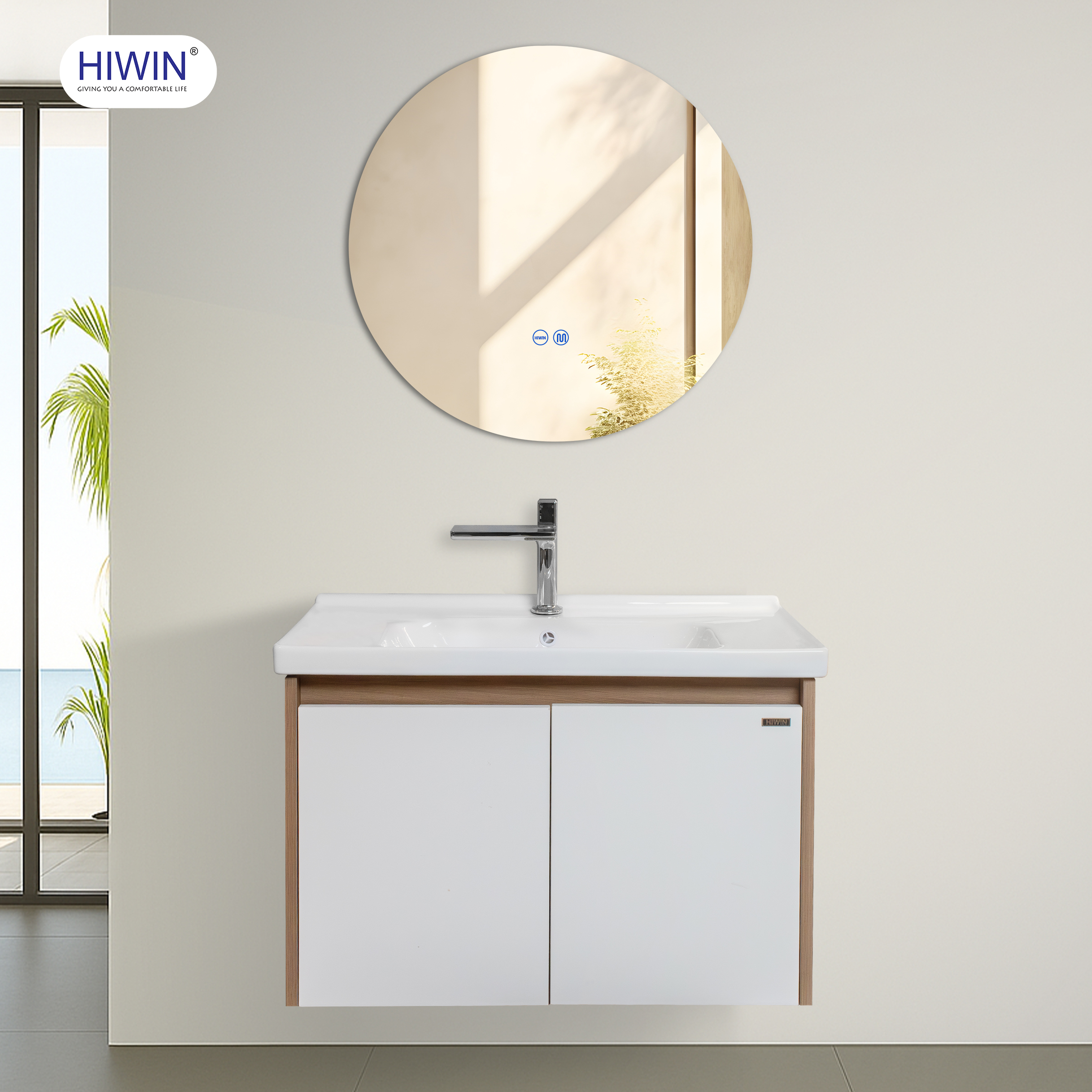 Tủ chậu lavabo kết hợp màu vân gỗ và màu trắng tinh khôi