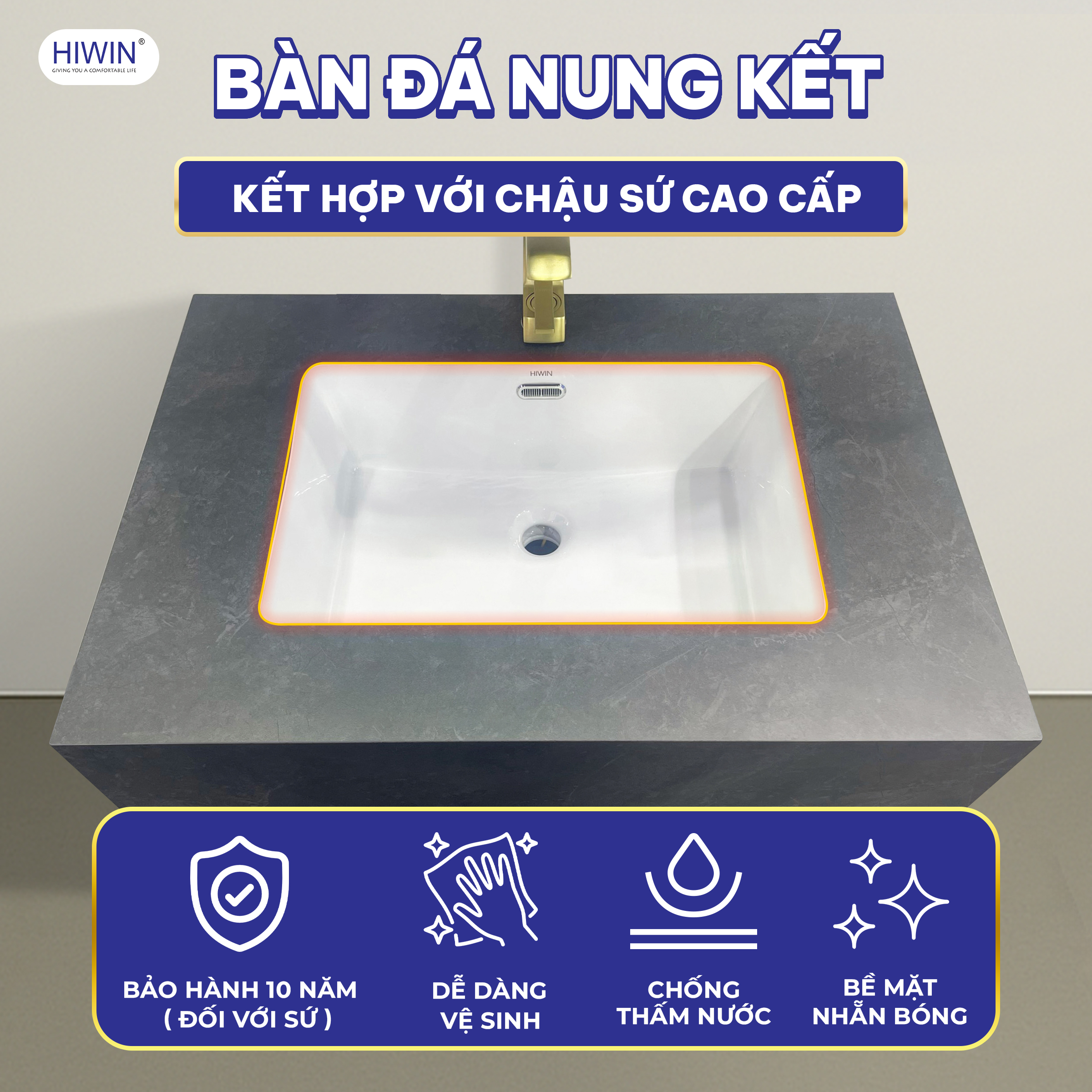 Bàn đá nung kết kết hợp với chậu lavabo sáng bóng, mịn màng