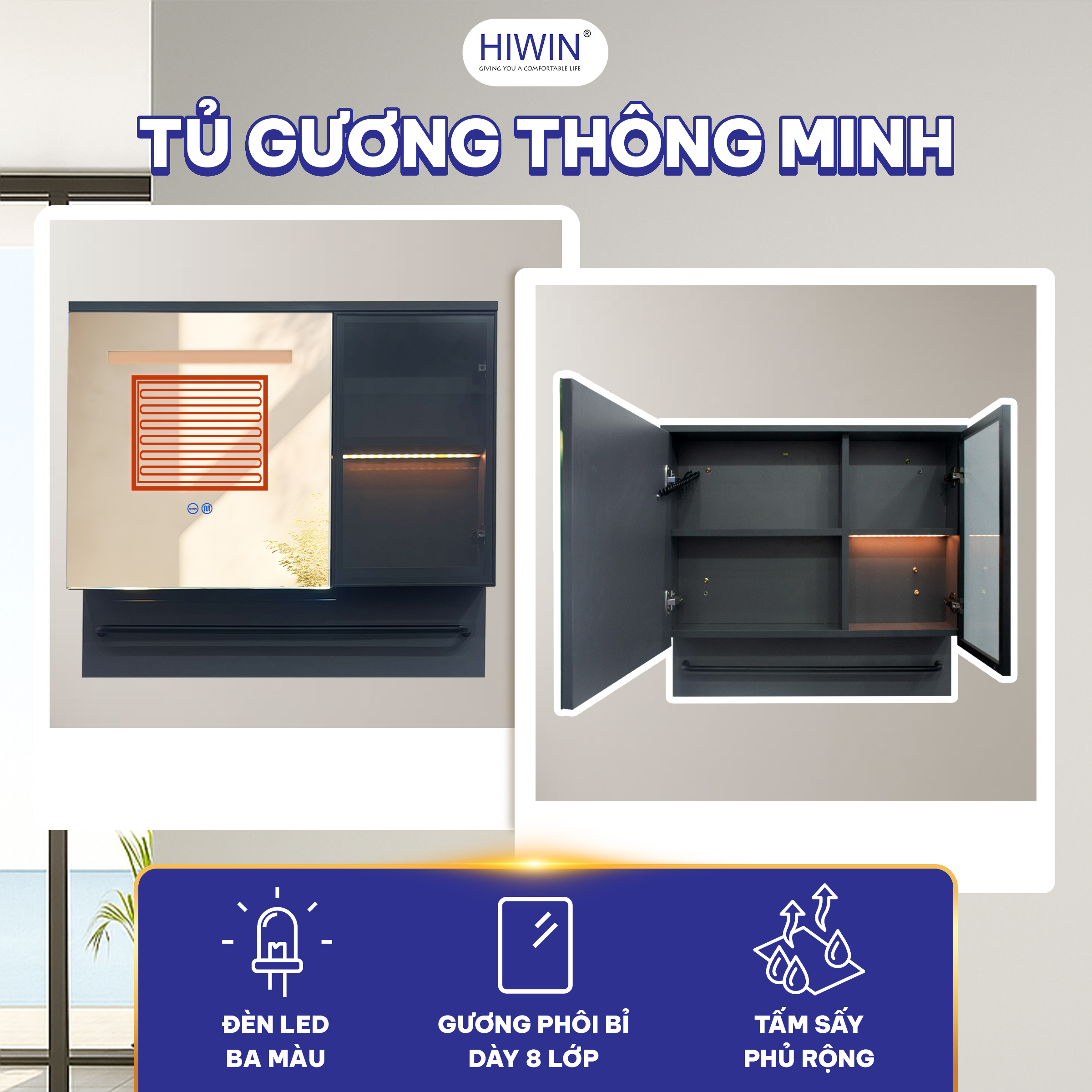 Tủ gương YP-011 thiết kế đẹp mắt với đèn LED, mang lại màu sắc trang nhã