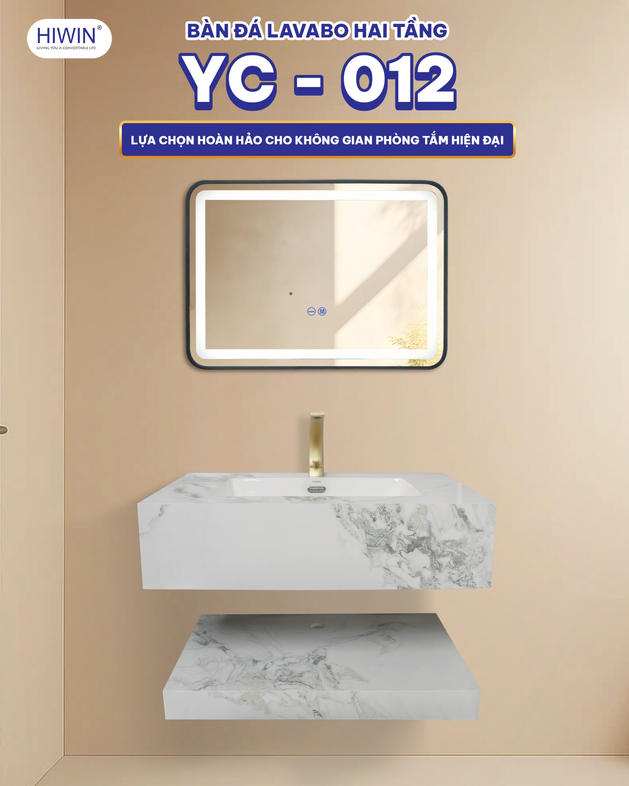 Thiết kế Bàn đá lavabo 2 tầng Hiwin YC-012 tinh tế, sang trọng với những đường vân mềm mại