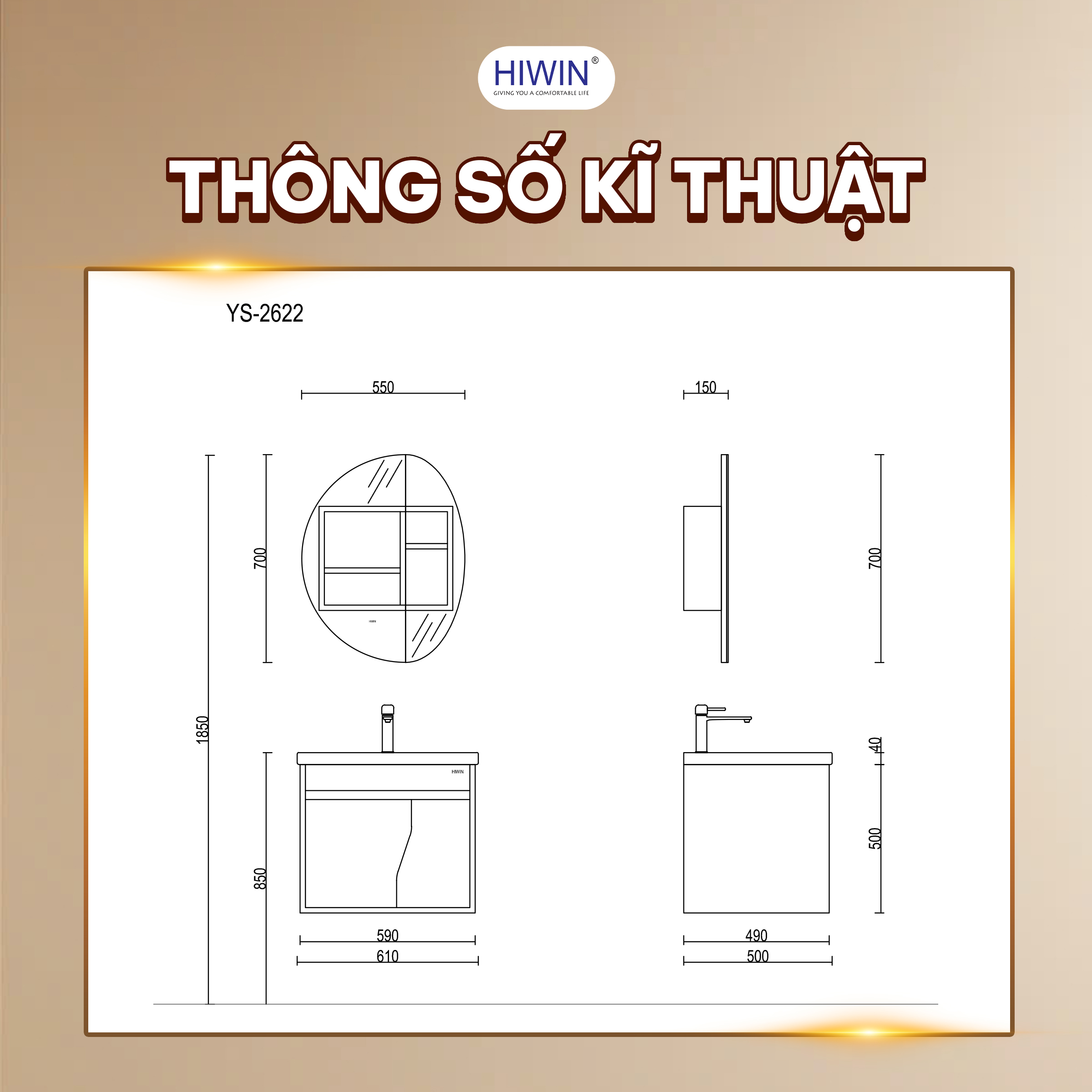 Thông số kỹ thuật của bộ tủ chậu gỗ cao cấp Hiwin Y-2622