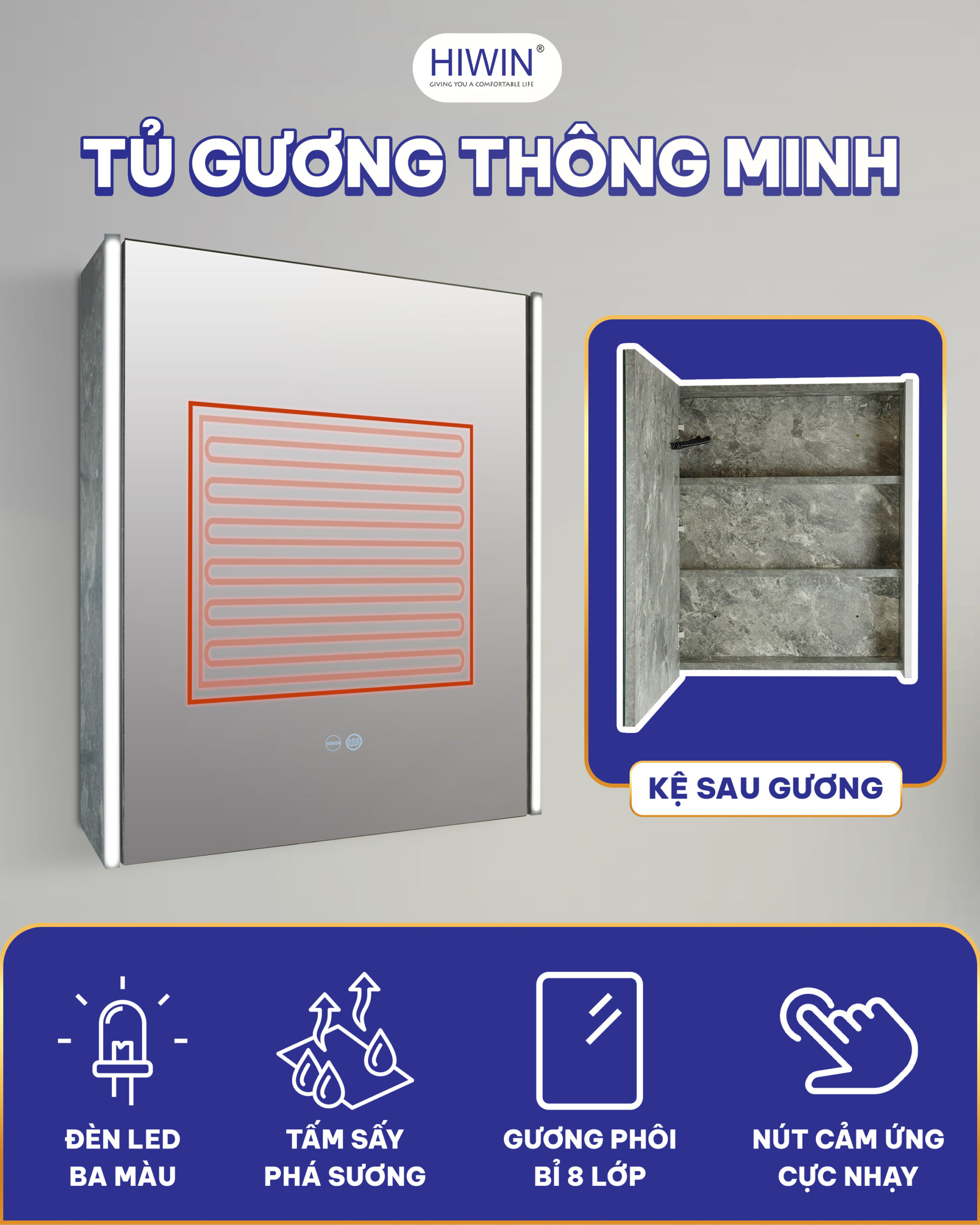 Tủ gương thông minh với đèn led và chức năng sấy phá sương