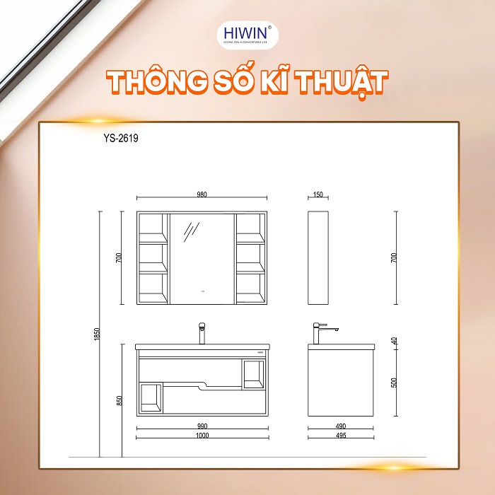 Kích thước bộ tủ chậu Lavabo Hiwin YS-2619 hoàn hảo cho đa dạng phòng tắm