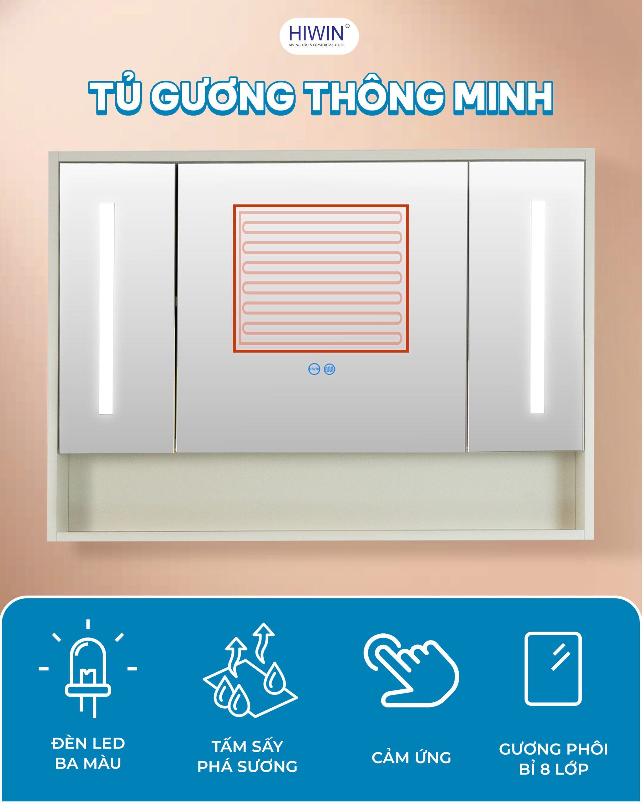 Tủ gương Hiwin YS-014 thông minh được trang bị 3 màu đèn Led và sấy gương