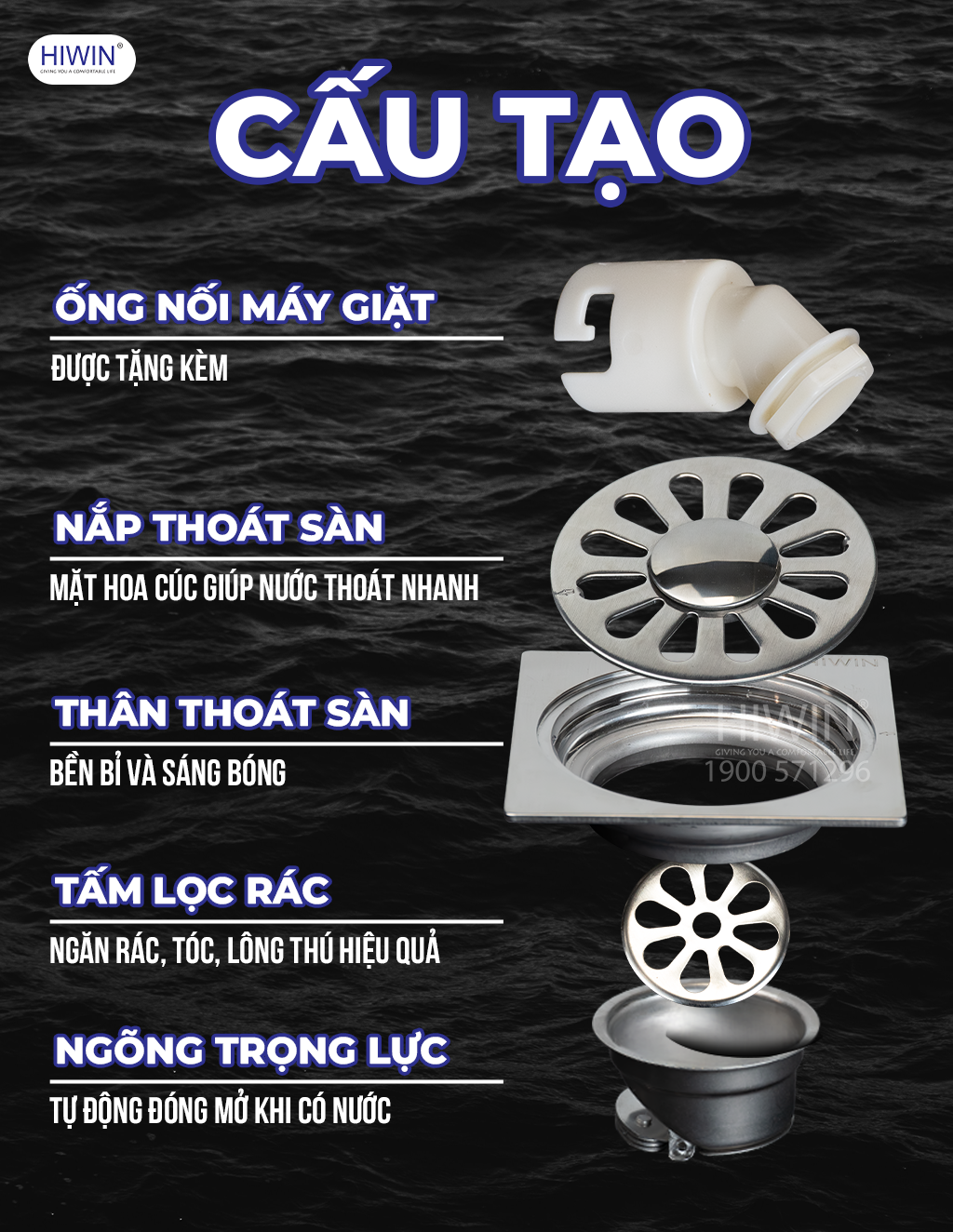 Phễu thu sàn máy giặt Hiwin thoát nhanh phi 90 FD-2250W