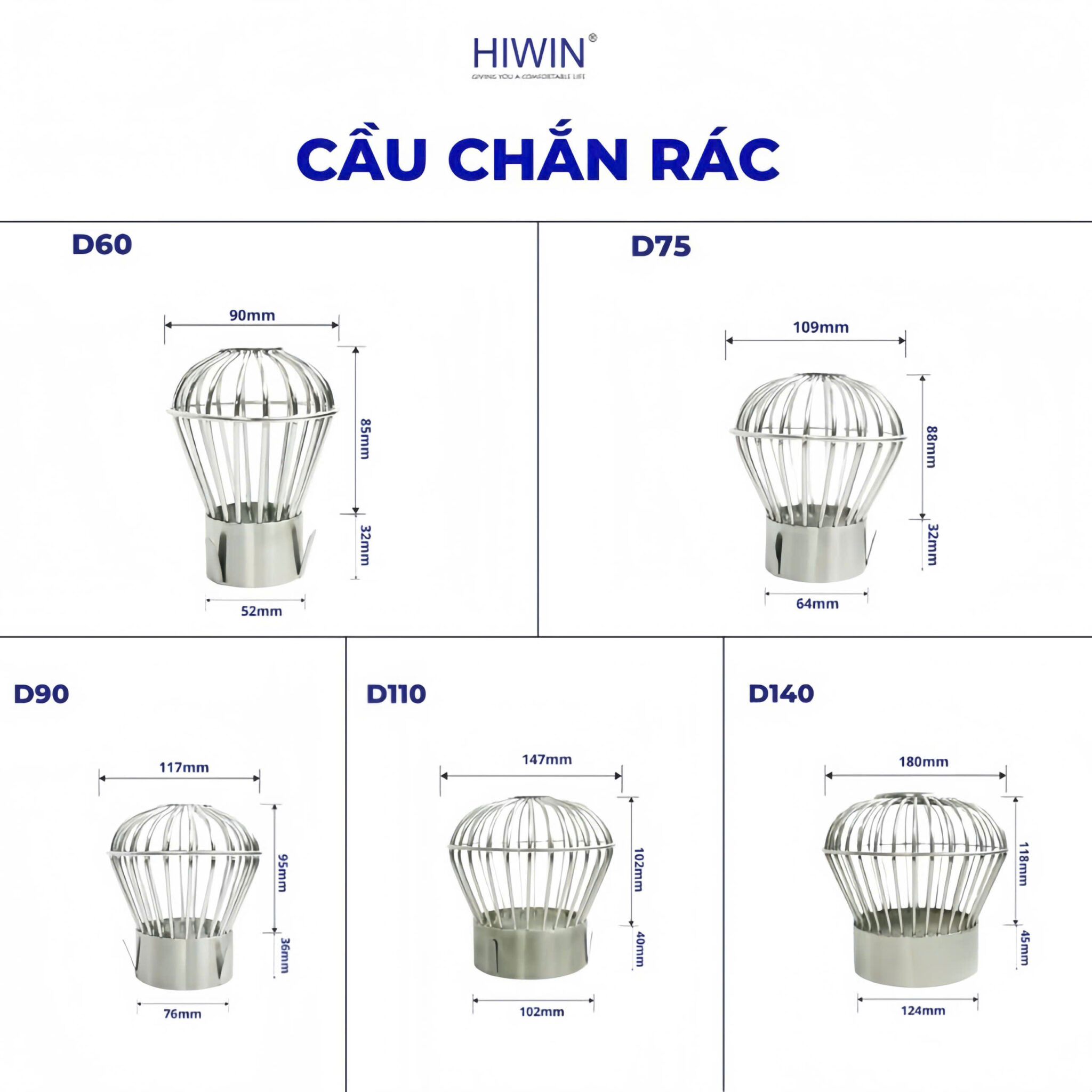 Cầu chắn rác nan sọc có vành inox 304 dòng G-V ống D60/ D76/ D90/ D110 ...