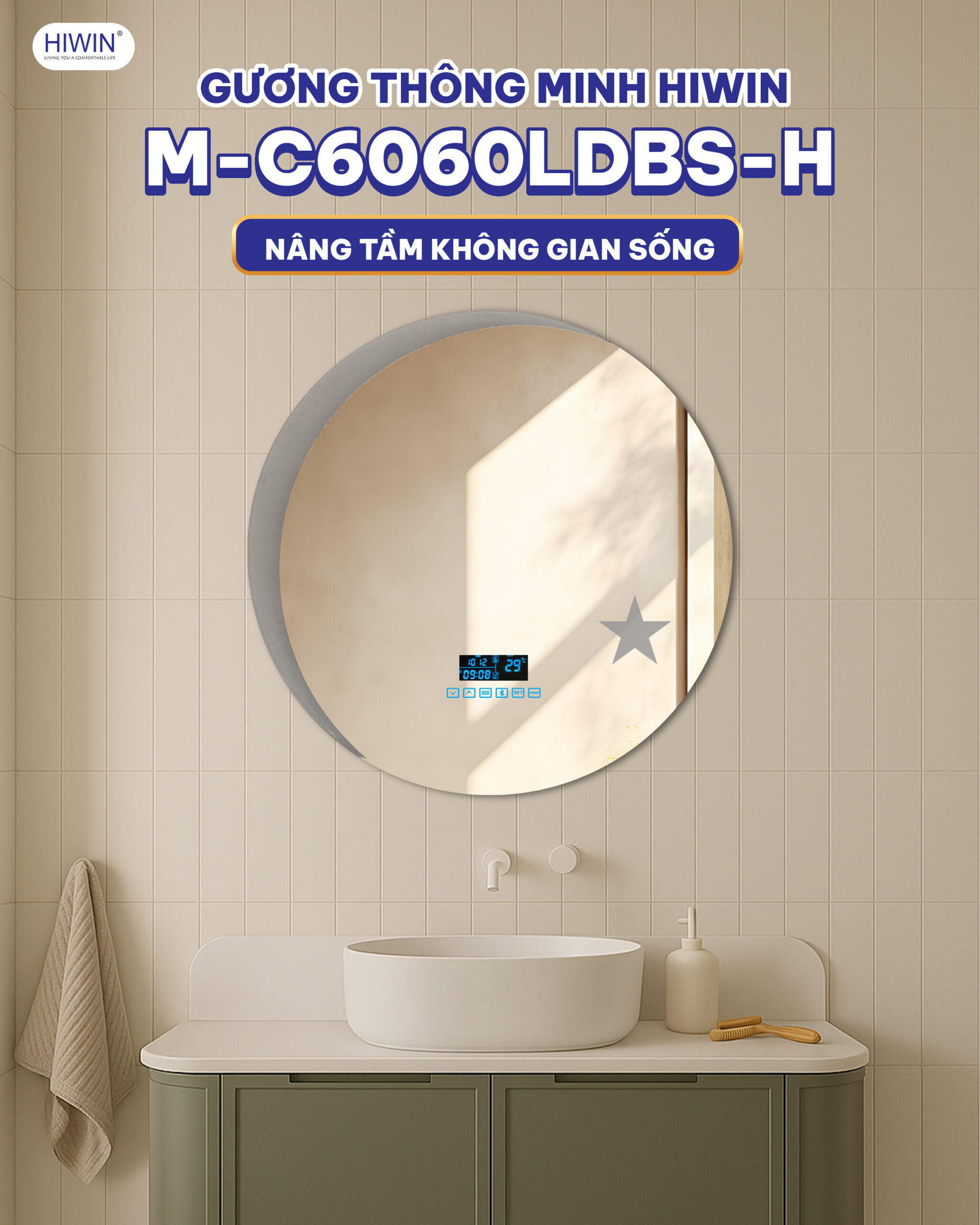Gương thông minh tròn hiwin M-C6060LDBS-H Sao Trăng Bluetooth