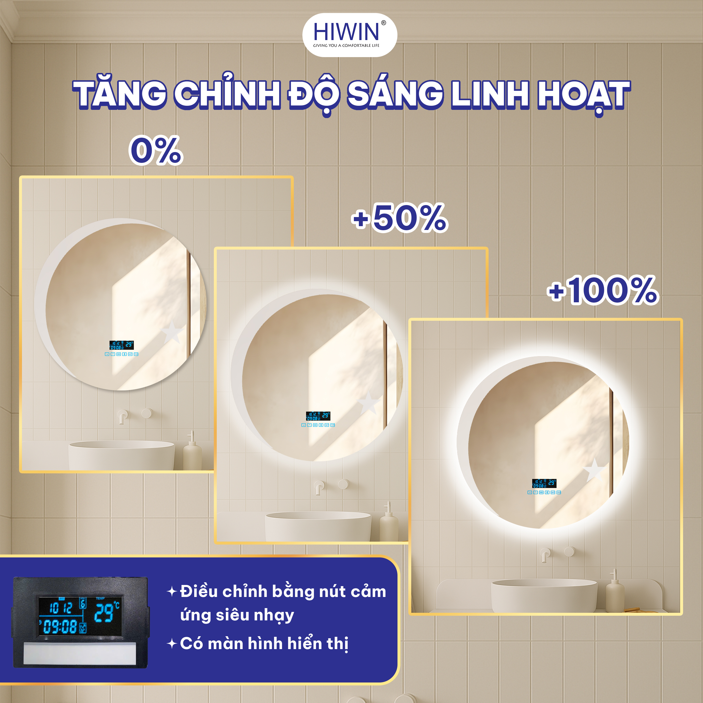 Gương thông minh tròn hiwin M-C6060LDBS-H Sao Trăng Bluetooth