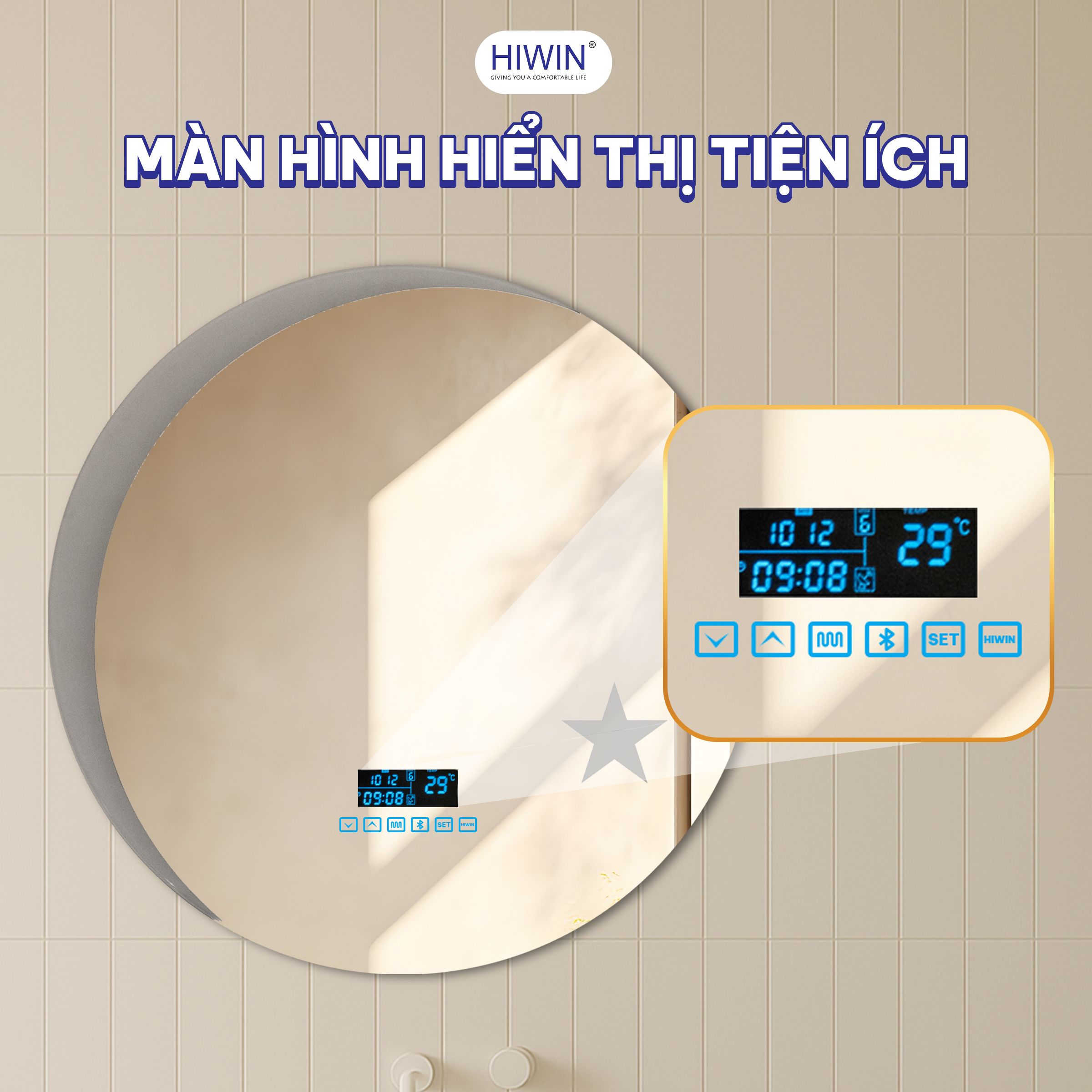 Gương thông minh tròn hiwin M-C6060LDBS-H Sao Trăng Bluetooth