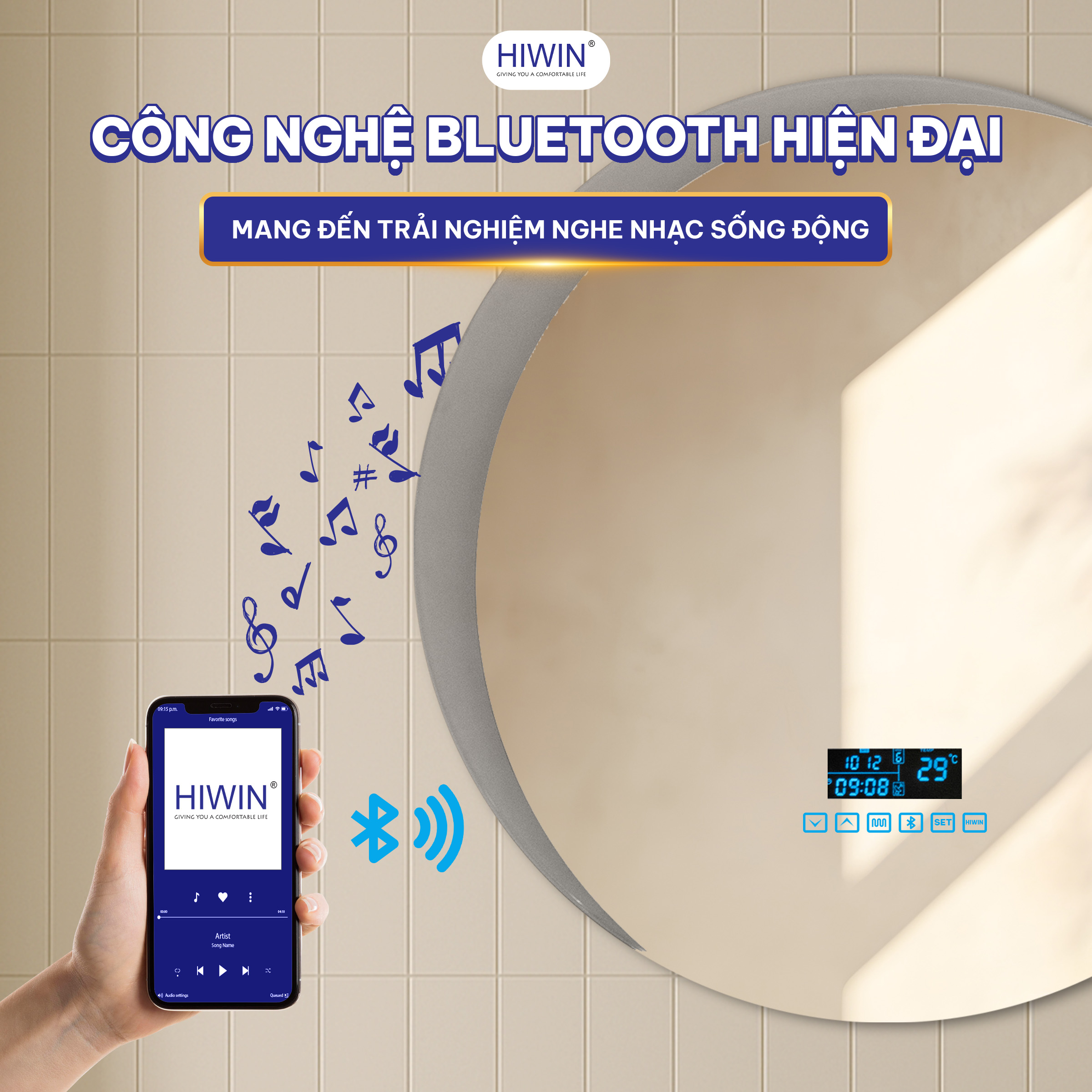 Gương thông minh tròn hiwin M-C6060LDBS-H Sao Trăng Bluetooth
