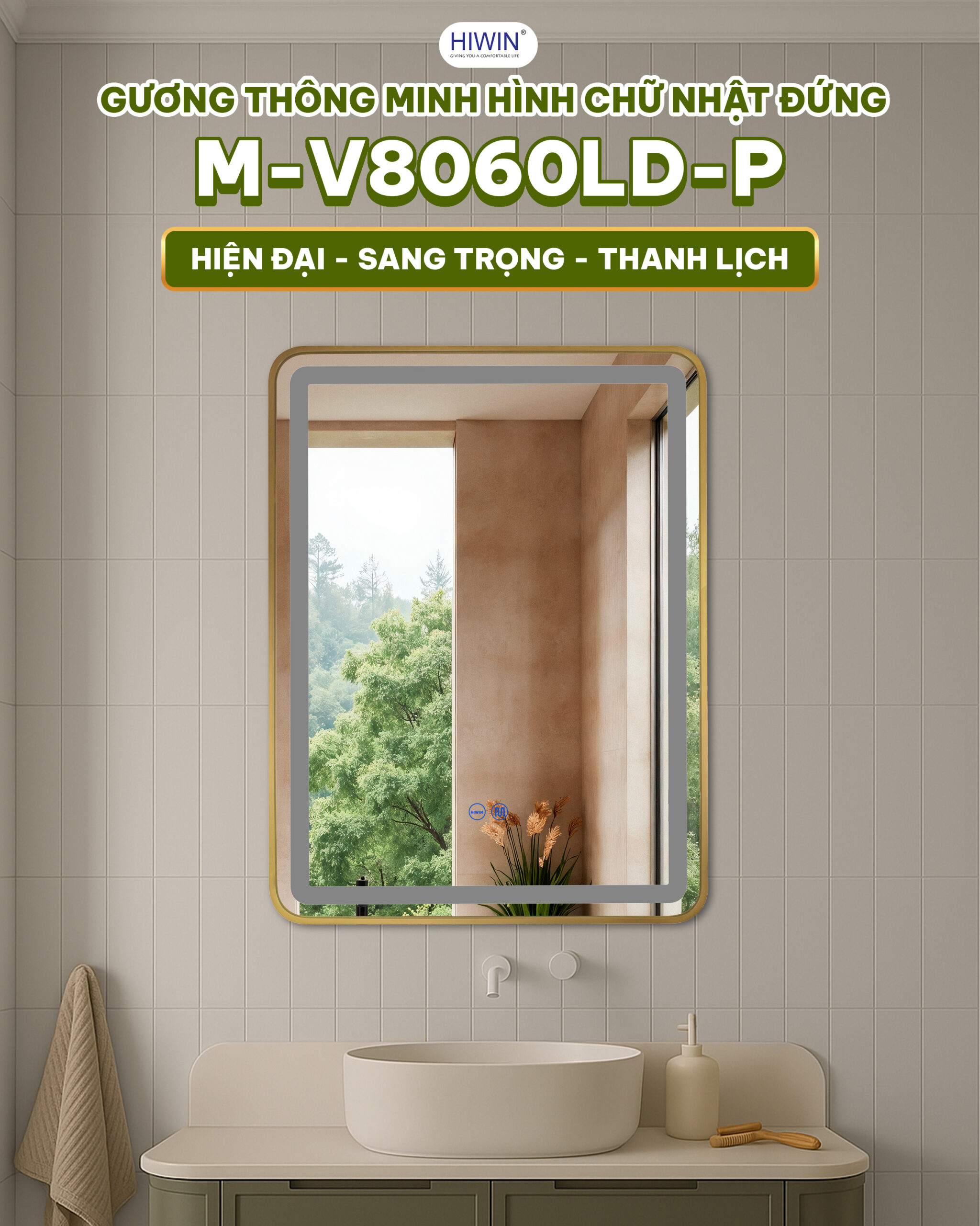 Gương thông minh Hiwin M-V8060LD-P chữ nhật đứng 800x600 khung inox vàng xước