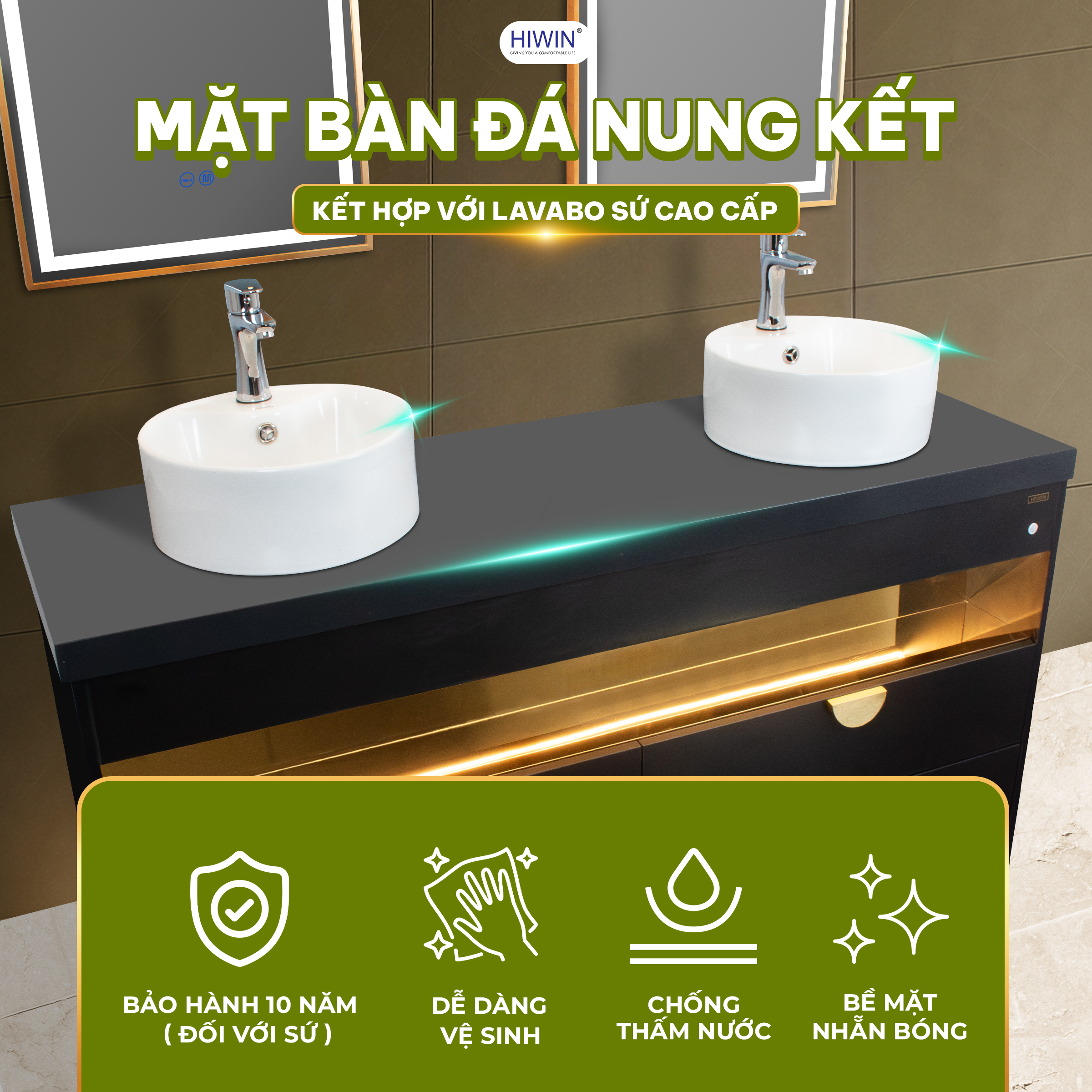 Mặt bàn đá dễ dàng kết hợp với các loại chậu lavabo sứ dương bàn