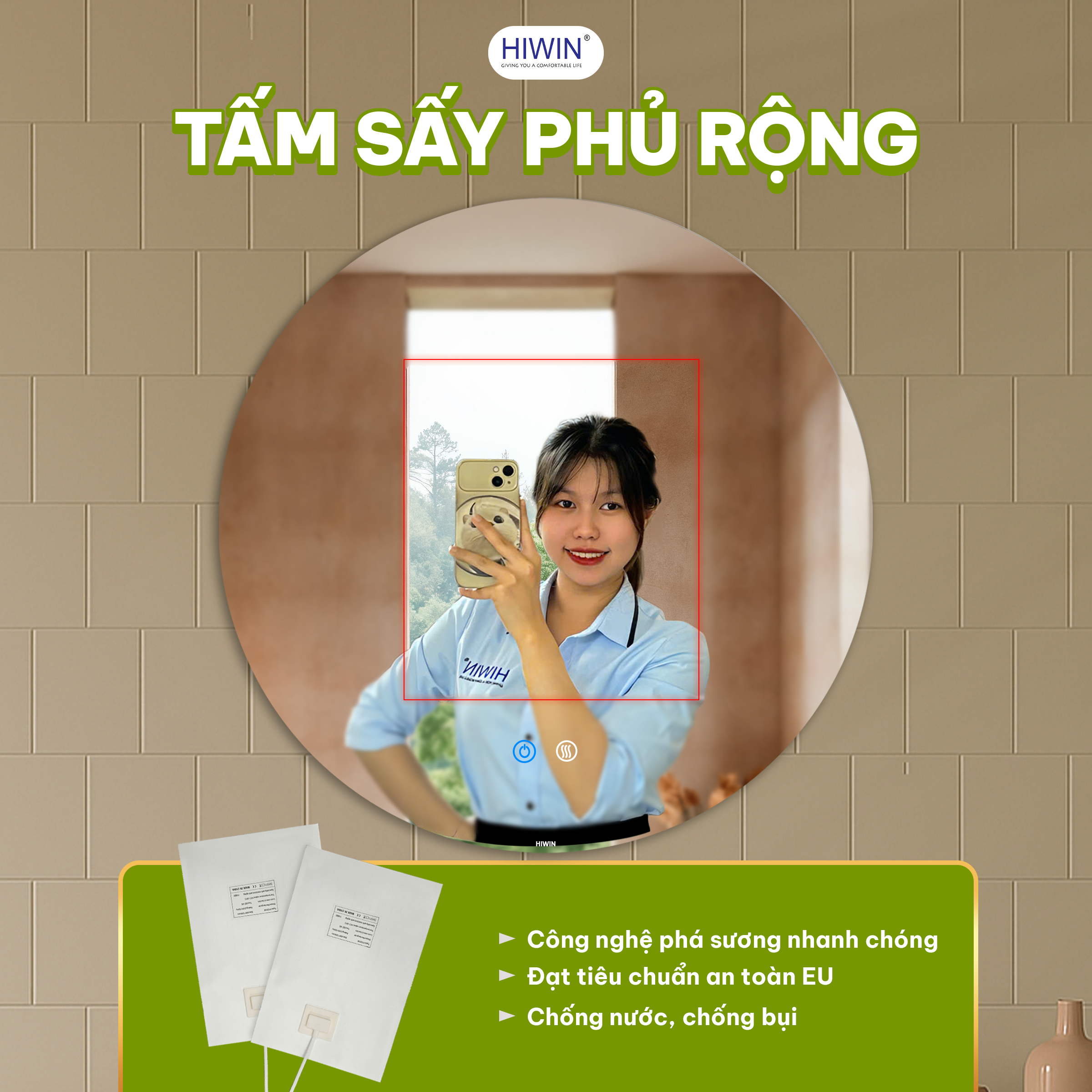 Gương thông minh Hiwin tròn M-C420LD được trang bị tấm sấy nhiệt chuyên dụng phủ rộng