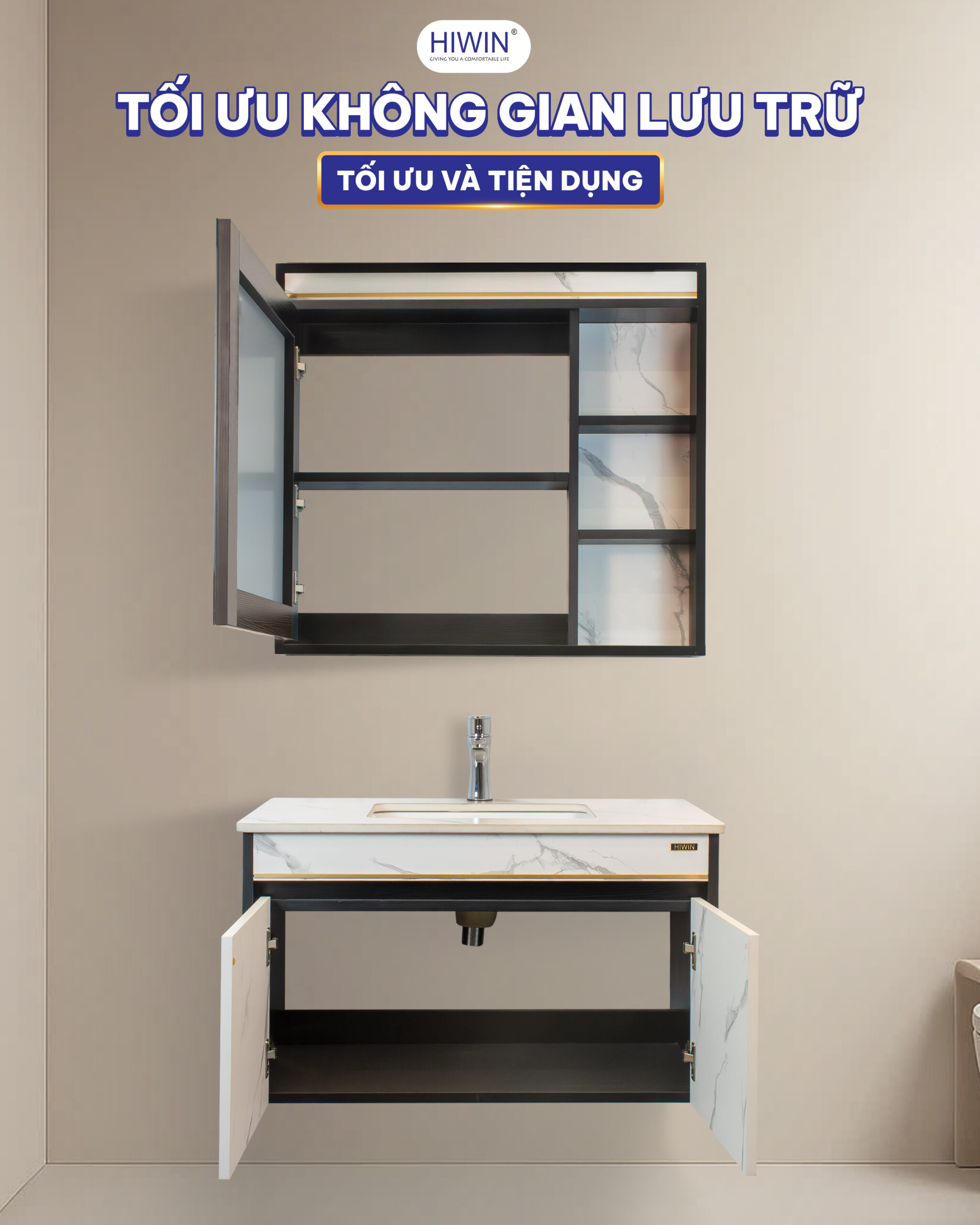 Tối ưu không gian lưu trữ với bộ tủ lavabo gỗ plywood Hiwin BC-002