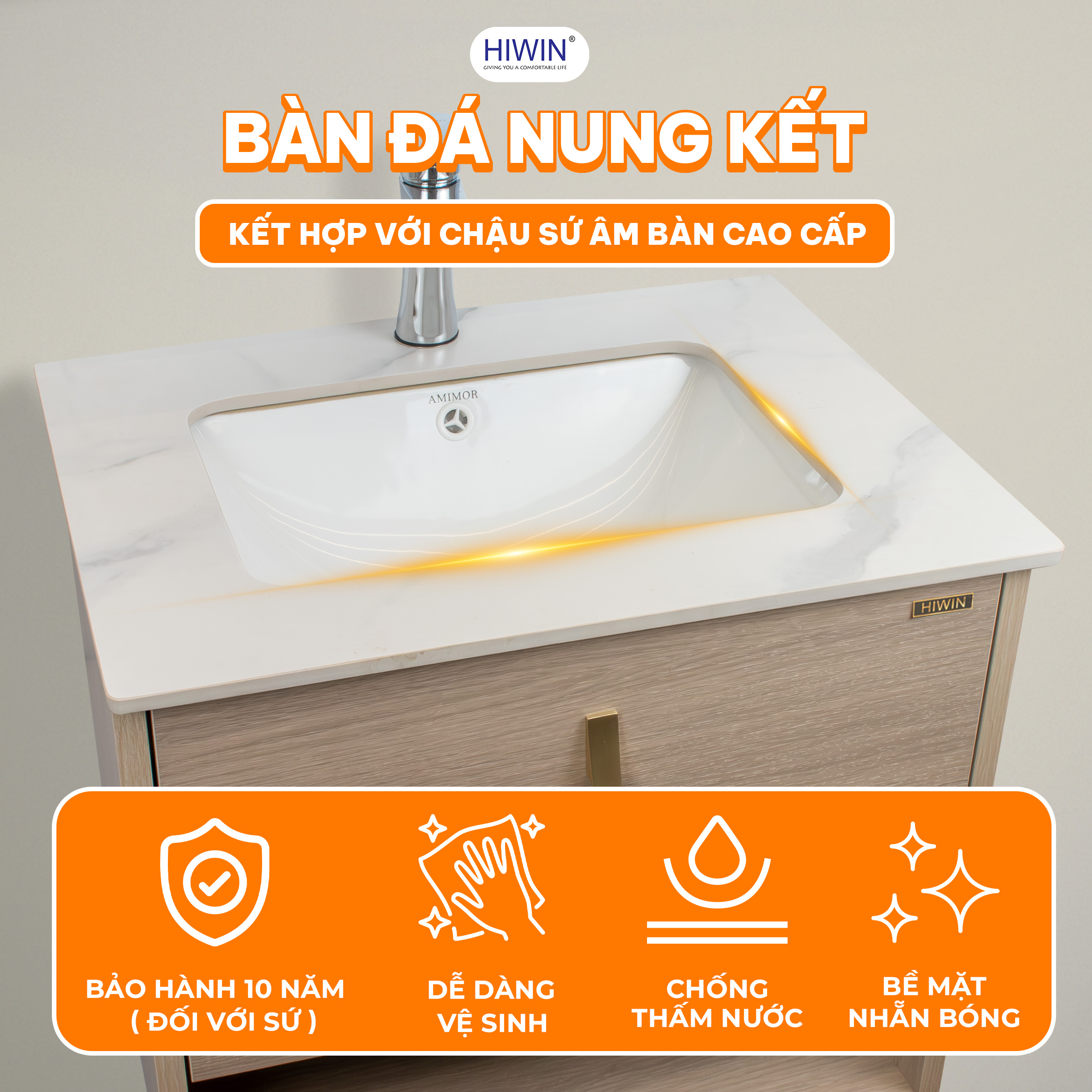 Hiwin YP-001 sử dụng bàn đá nung kết kết hợp với chậu sứ lavabo âm bàn