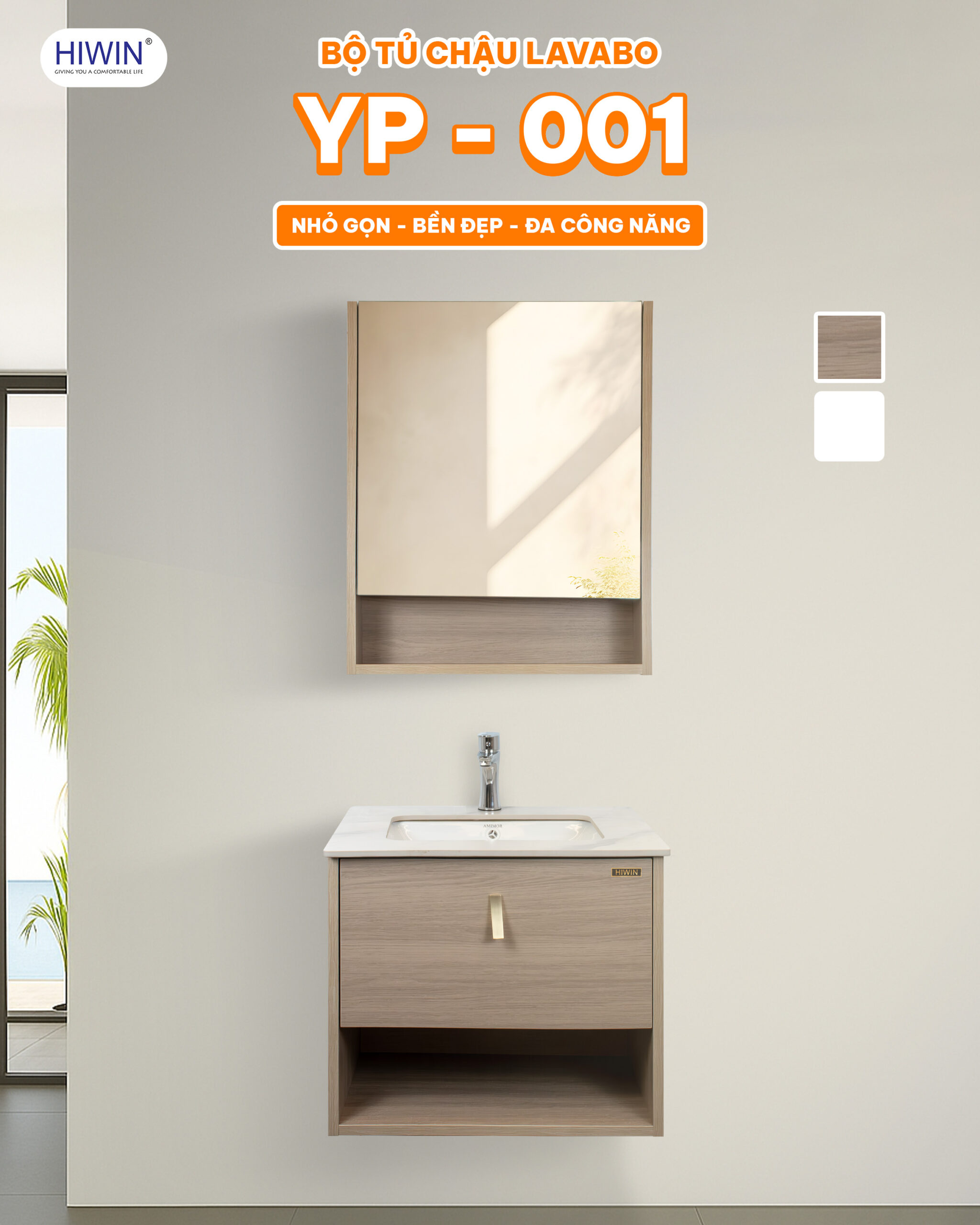 Bộ tủ chậu Lavabo Hiwin YP-001 nâu vân gỗ