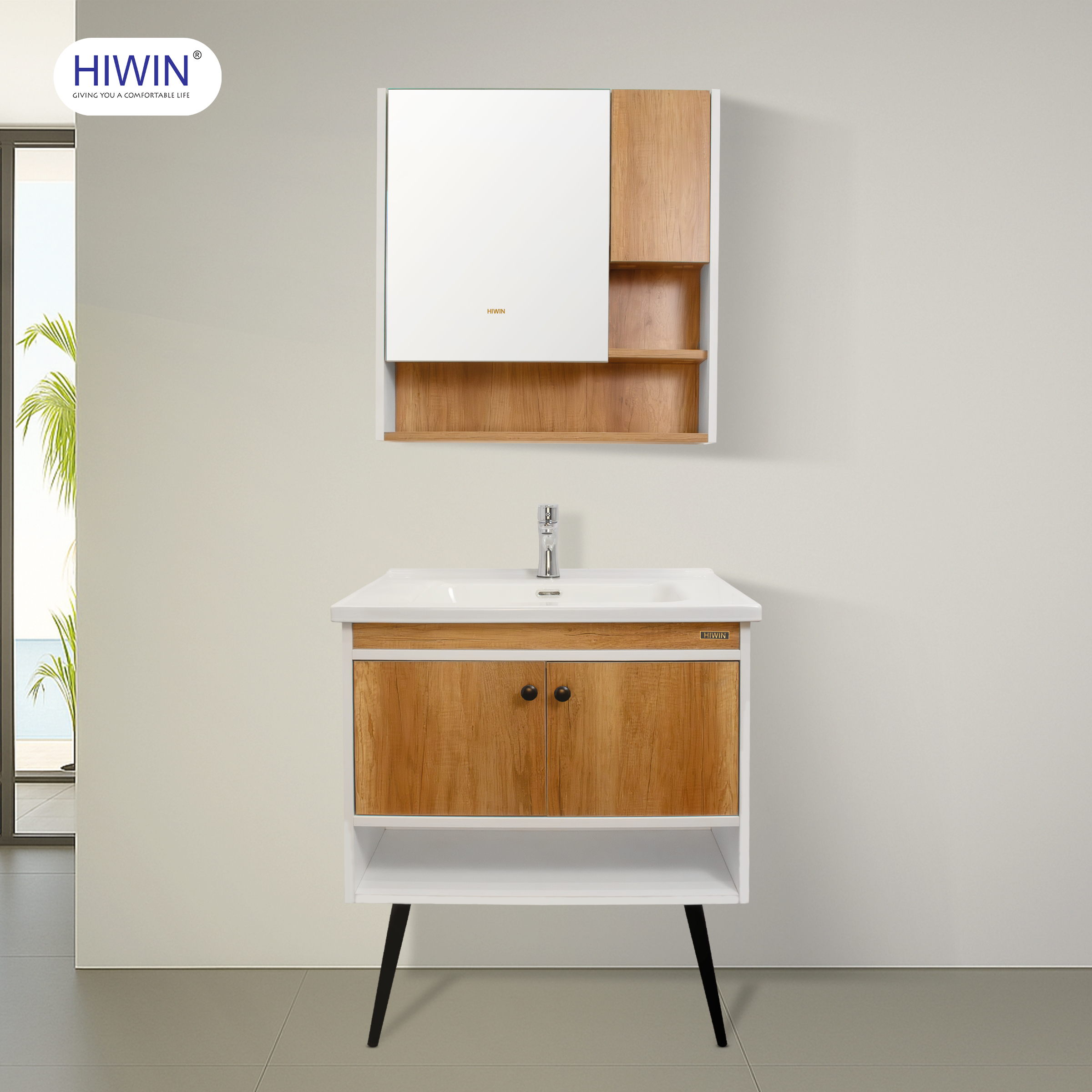Thiết kế giả gỗ đồng nhất ở cả tủ gương và tủ chậu