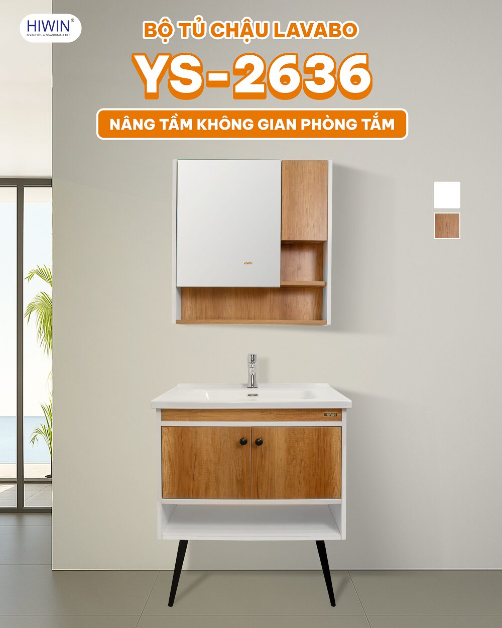 Bộ tủ chậu Lavabo Hiwin YS-2636 mang tone màu trung tính dễ phối với không gian