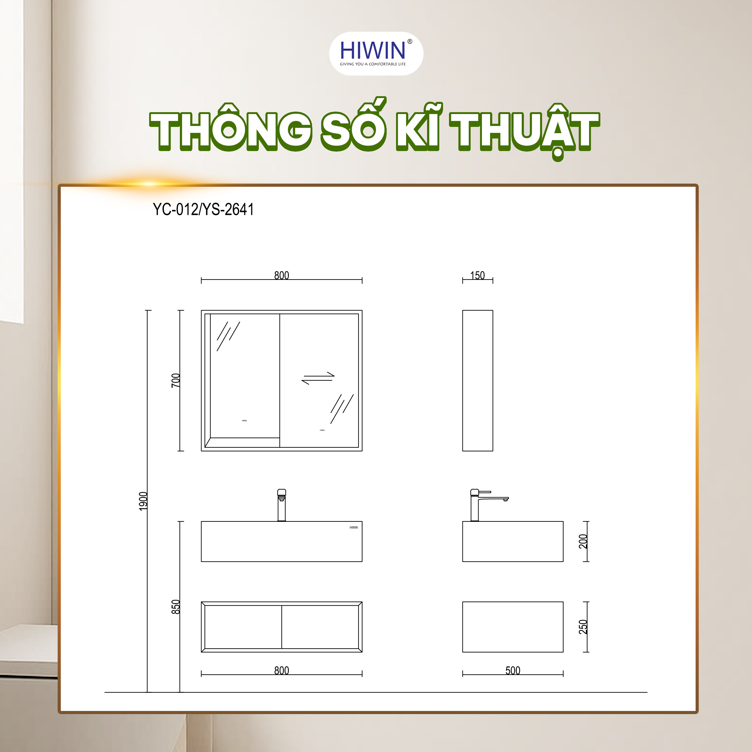 Thông số kỹ thuật của bộ tủ chậu lavabo Hiwin YS-2641