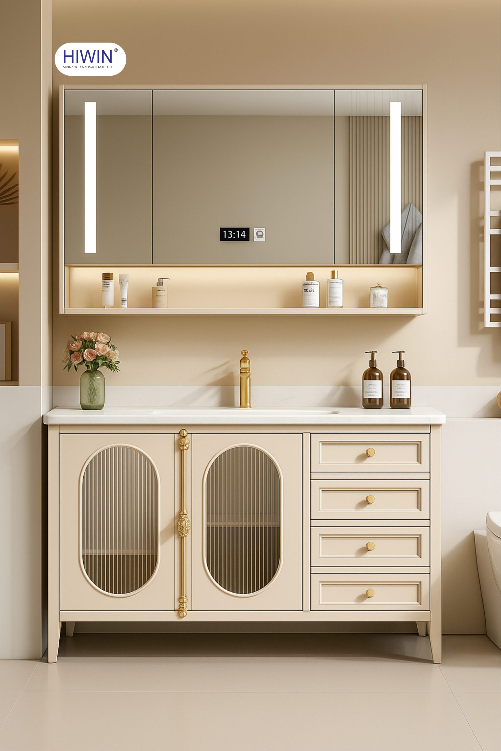 Tủ chậu lavabo tân cổ điển kết hợp gương thông minh vừa sang trọng vừa hiện đại 