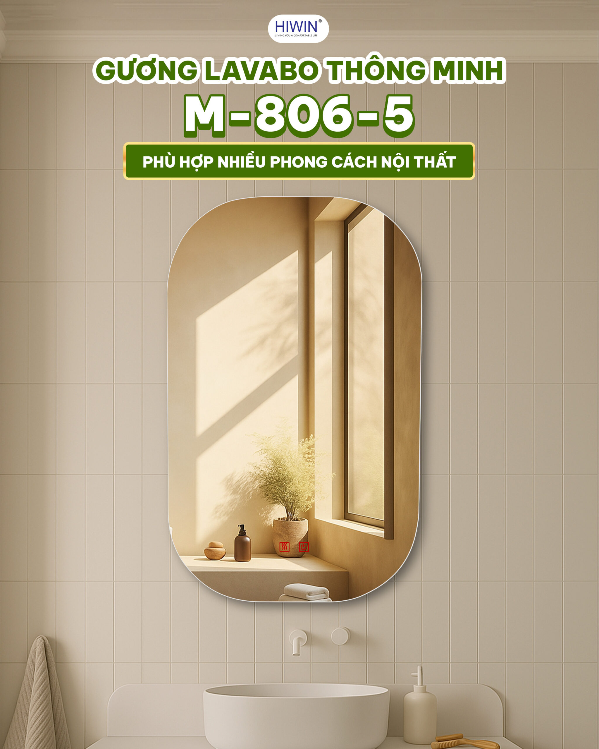 Gương thông minh hiwin M-806-5 kích thước: 500x800mm góc bo tròn an toàn