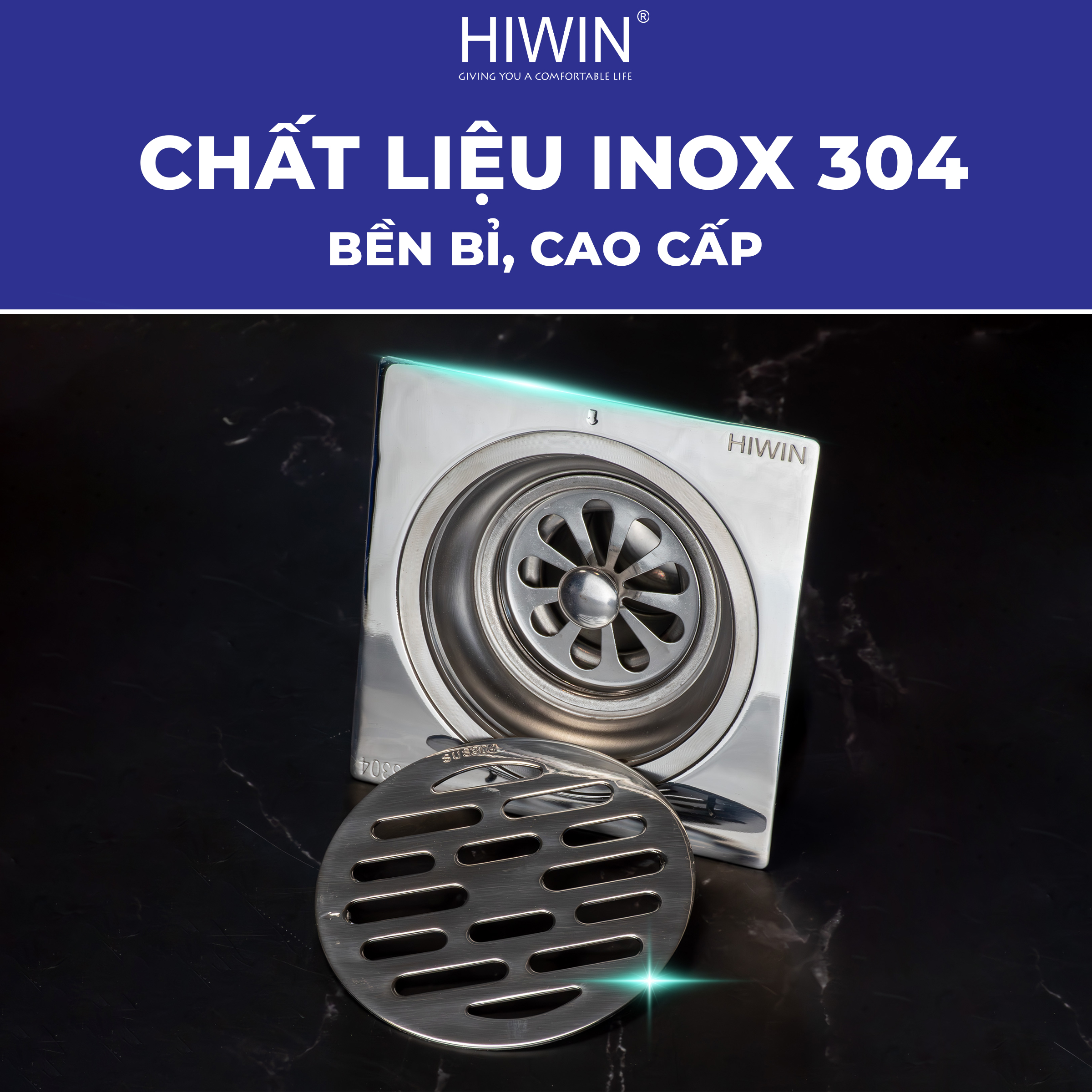 Phễu thoát sàn hiwin FD-4820A Inox 304 chuẩn ASTM