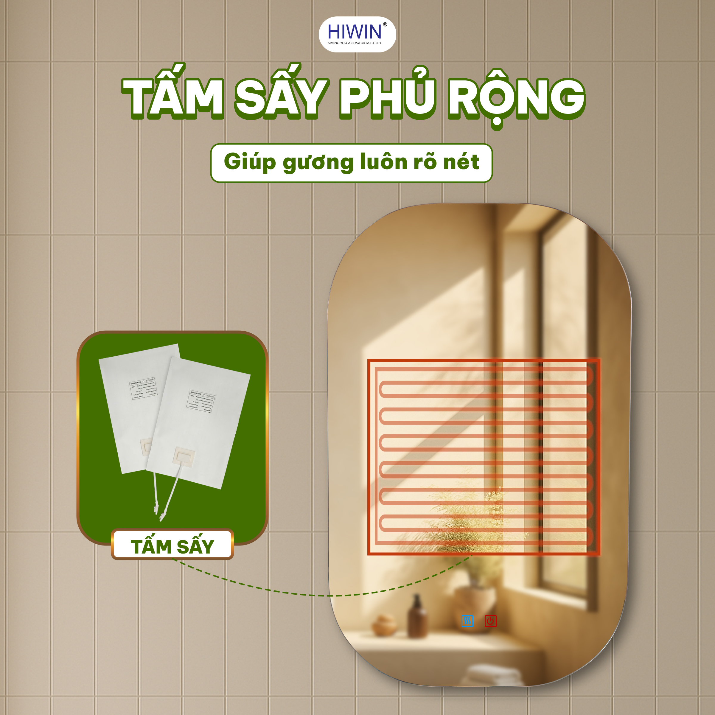 Gương thông minh hiwin M-806-5 kích thước: 500x800mm góc bo tròn an toàn