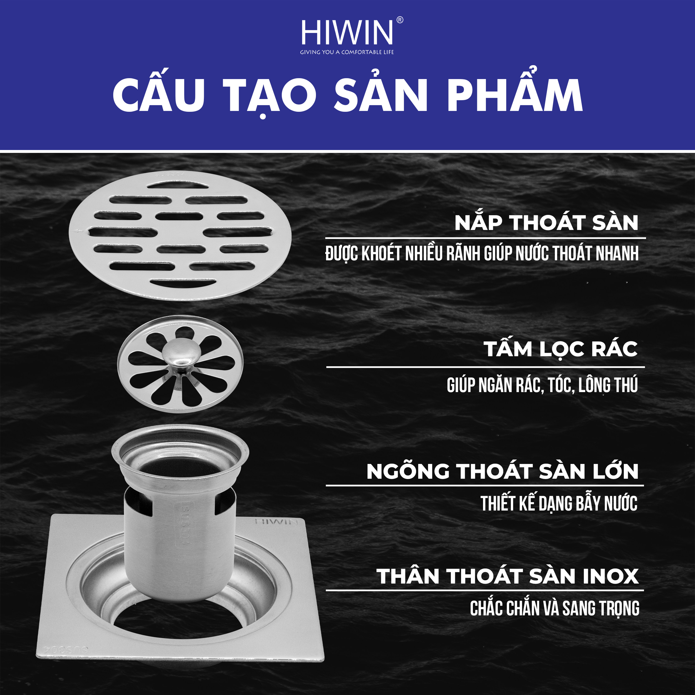 Sản phẩm phễu thoát sàn inox FD-4820A được thiết kế chắc chắn với bốn bộ phận chính