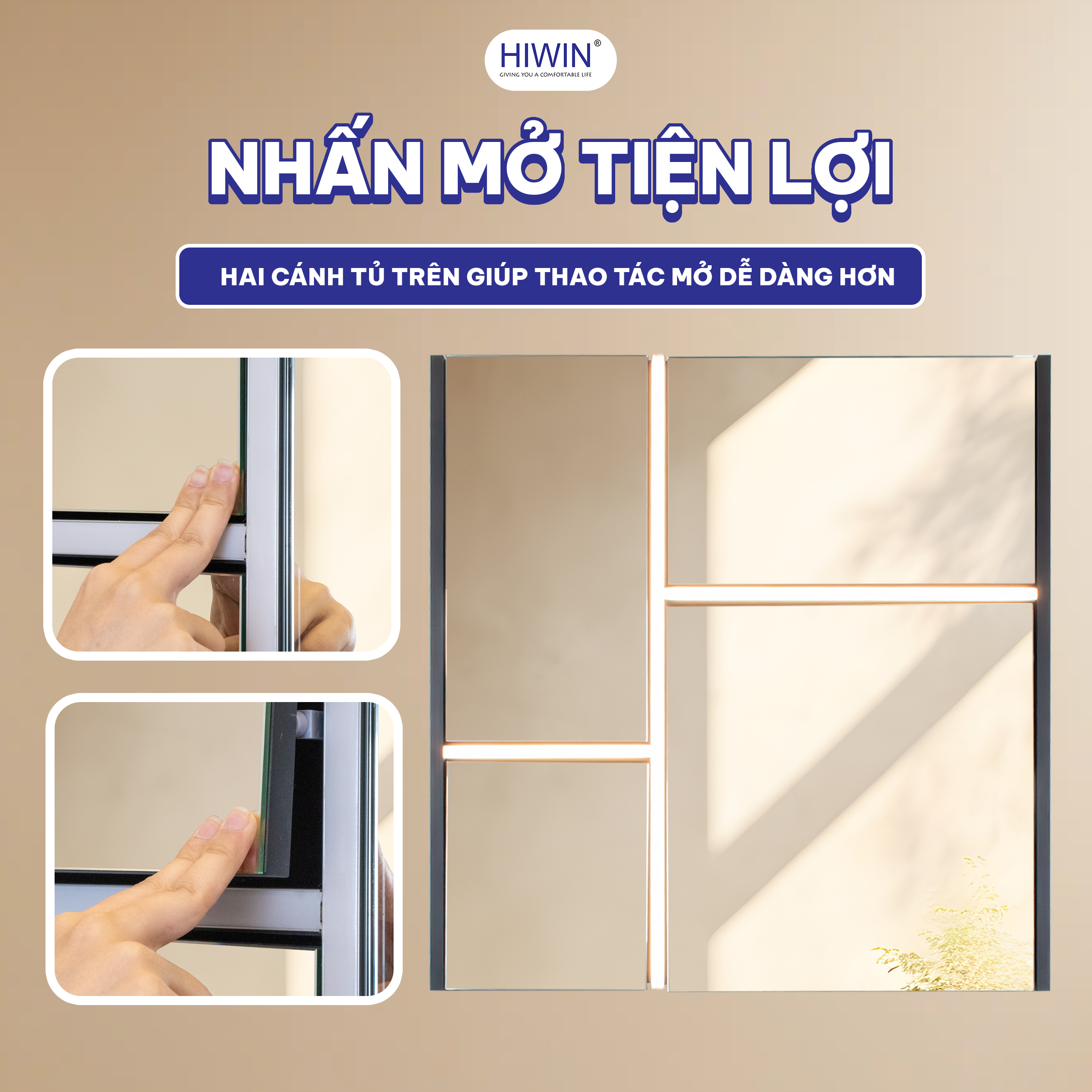 Cánh tủ gương được trang bị cơ chế nhấn mở hiện đại