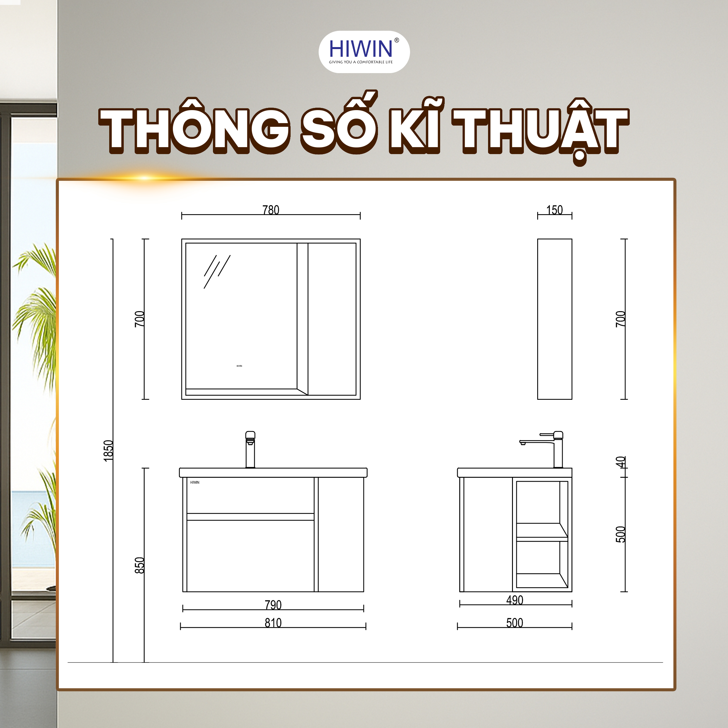 Kích thước tủ chậu Hiwin YS-2605 phù hợp đa dạng không gian