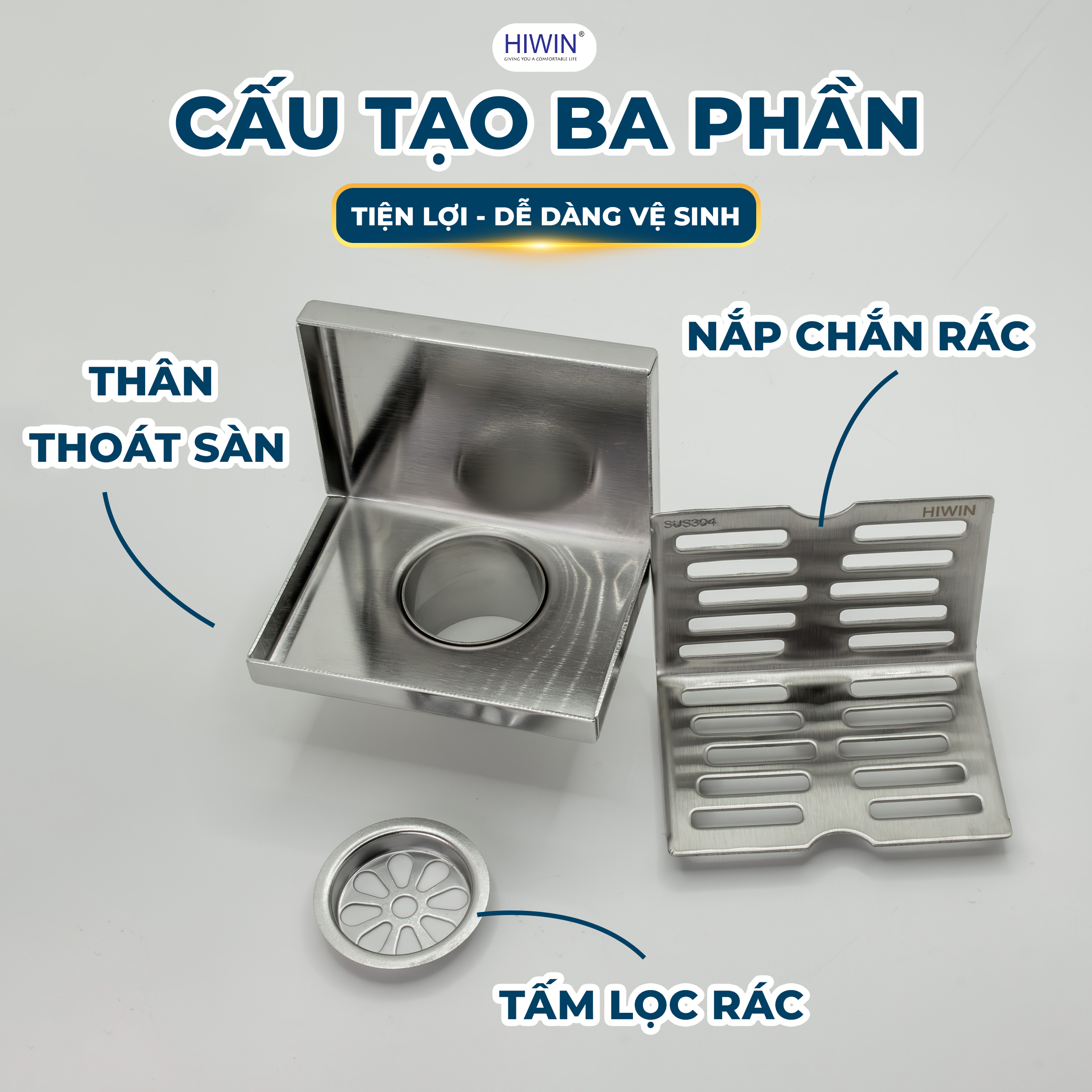 Thoát sàn ngang FD-04B 75x100 inox 304 được cấu tạo từ 3 bộ phận chính