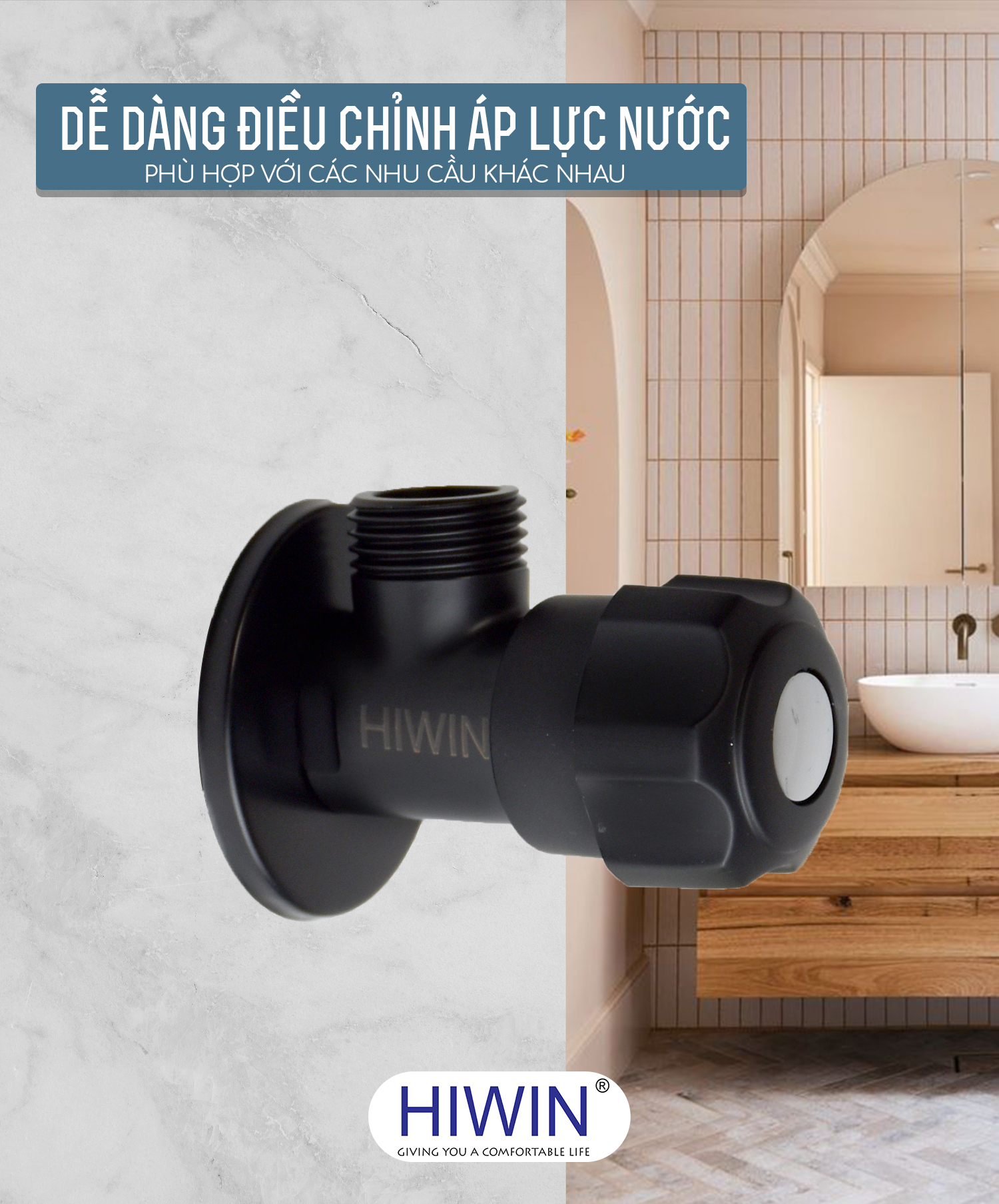 Van góc hiwin JF-3009 dễ dàng điều chỉnh áp lực nước phù hợp với nhu cầu