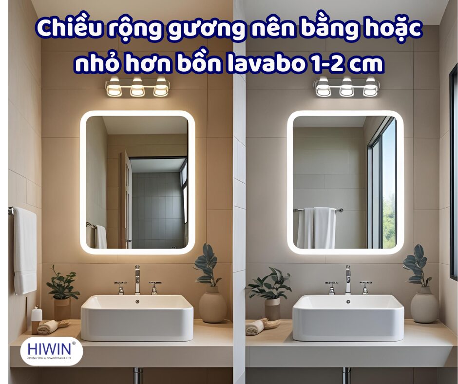 Chiều rộng gương phòng tắm nên bằng hoặc nhỏ hơn bồn lavabo 1-2 cm