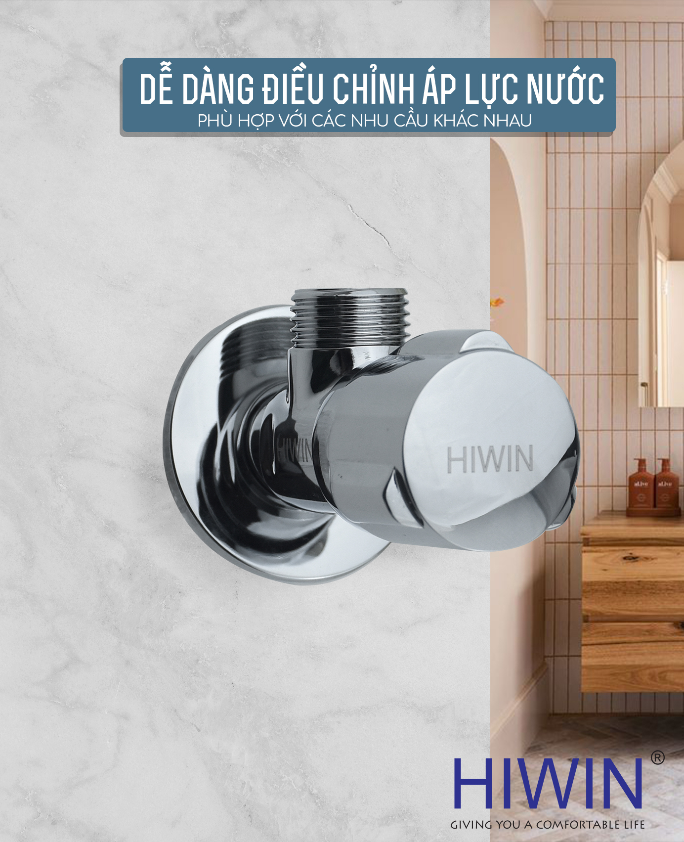 Van góc Hiwin JF-3003 dễ dàng điều chỉnh lưu lượng và áp lực nước theo nhu cầu thực tế