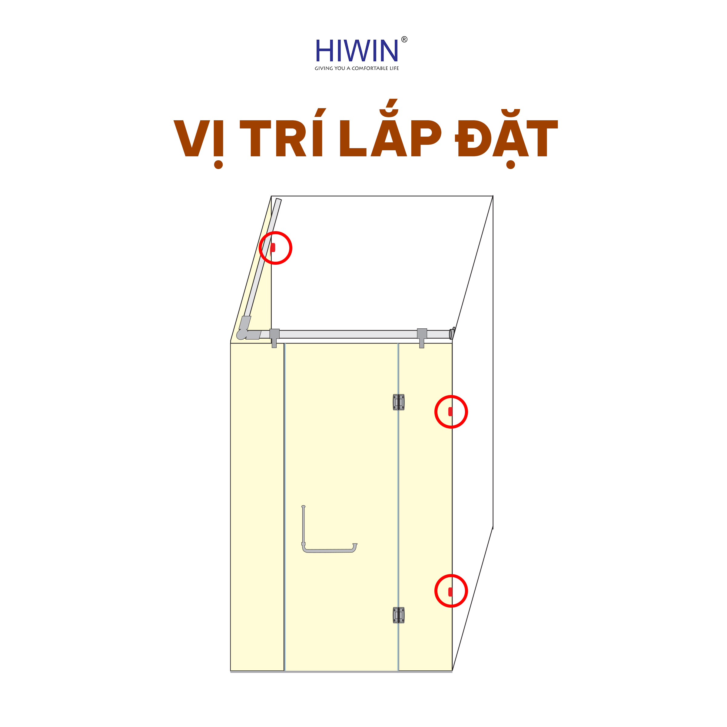 Kẹp định vị 90 độ kính tường Hiwin FC-086 có thể lắp đặt tại các vị trí góc vuông giữa kính