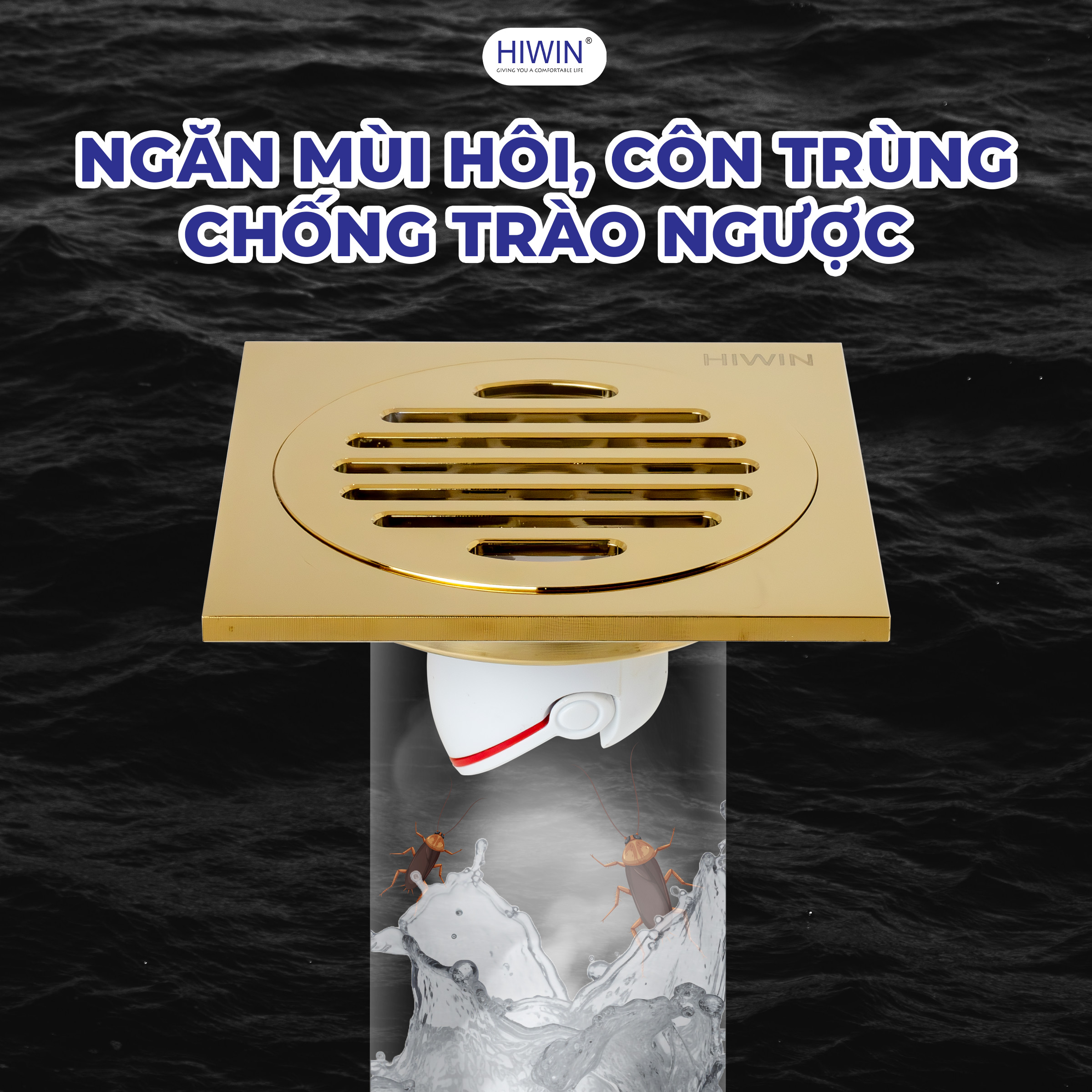 Thoát sàn Hiwin FD-1101 mạ vàng giúp ngăn chặn triệt để mùi hôi từ cống rãnh bốc lên