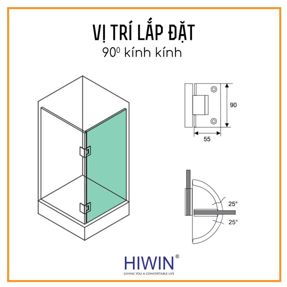 Bản lề HG-009AG5 mạ vàng phù hợp lắp đặt 90 độ kính kính